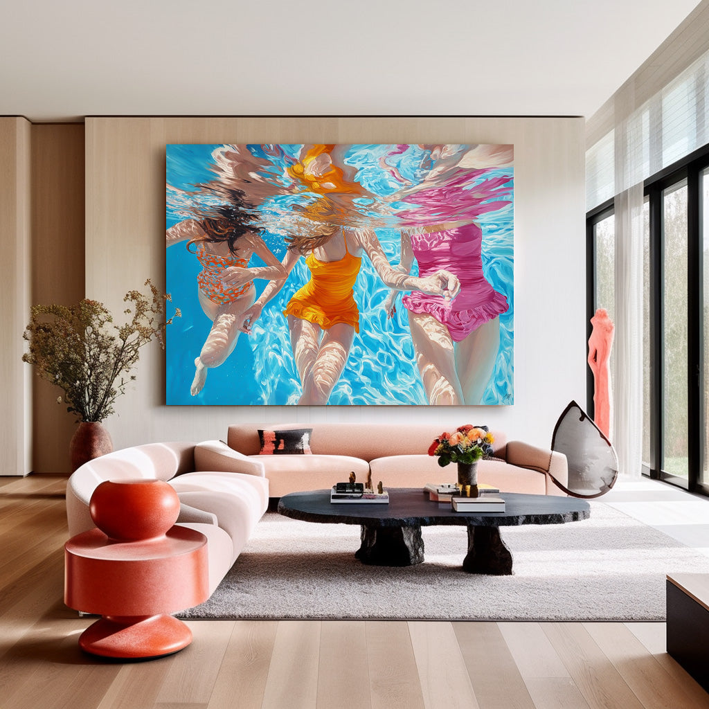 Diving In Ocean Sensual Woman Swimming Wall Art Original Girl Diving Oil Painting Abstract Colorful Artwork