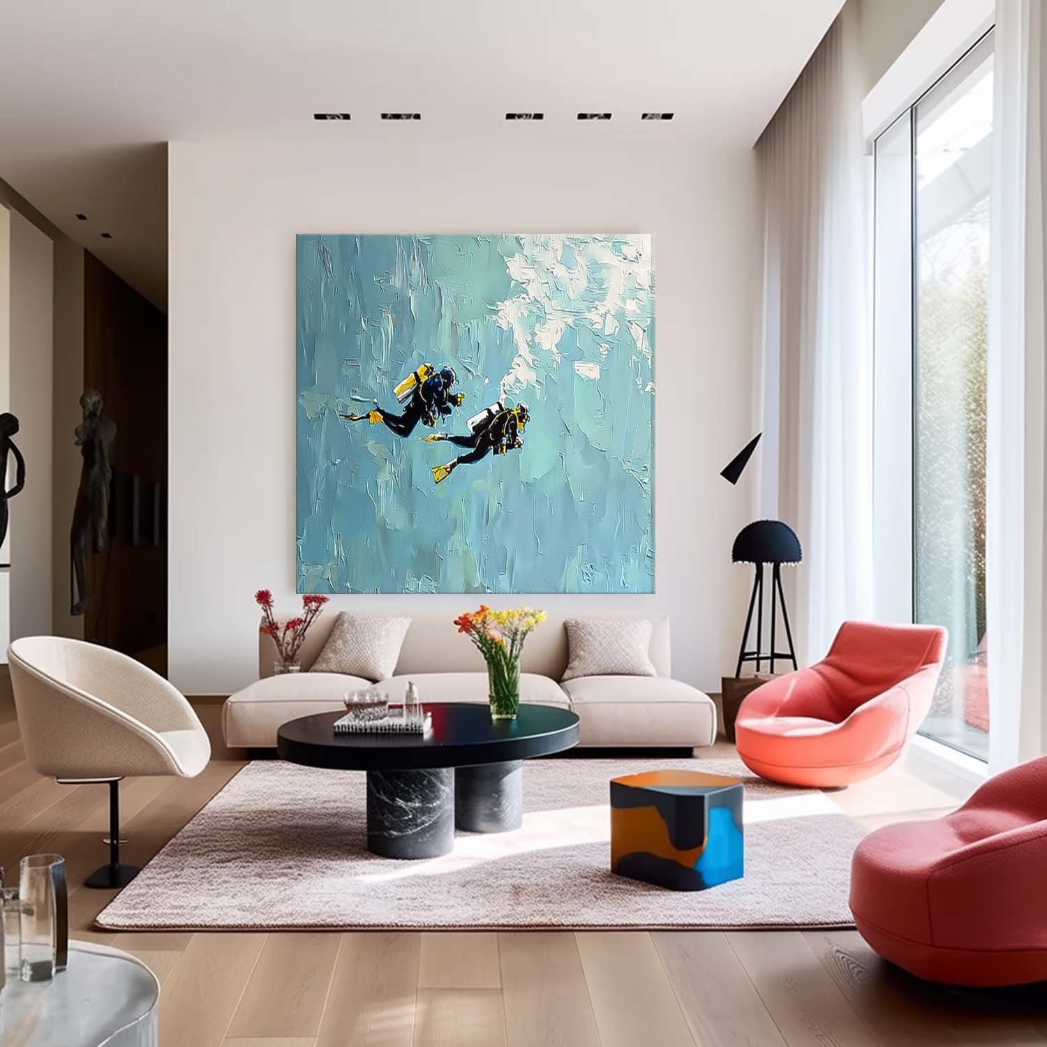 Large Ocean Painting Blue Texture Painting Minimalist Diving Art Abstract Underwater Artwork Diving Gifts