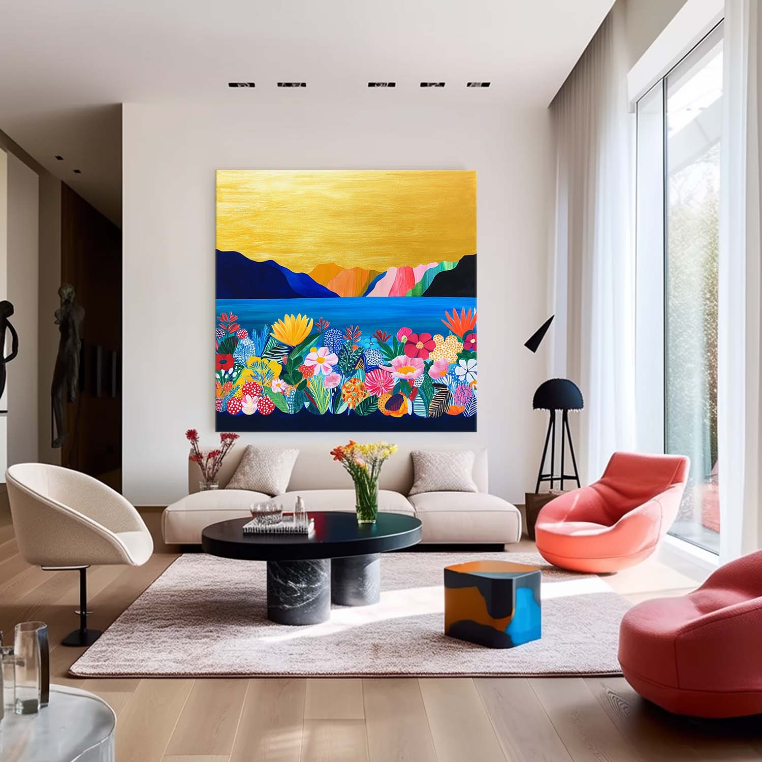 Floral Painting on Canvas Large Illustration style Wall Art Original Flower Bush Botanical Square Artwork
