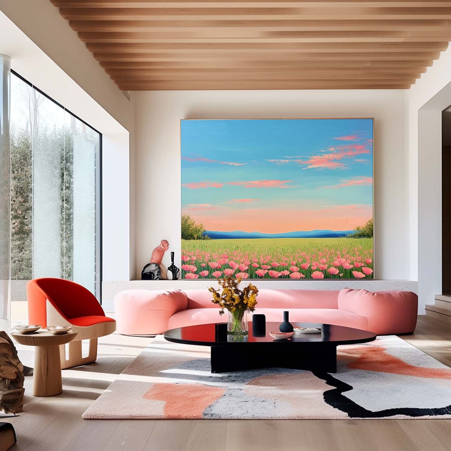 Wildflower Field Landscape Oil Painting Sunset Scenery painting Muted Country Field Wall Art Nature Artwork
