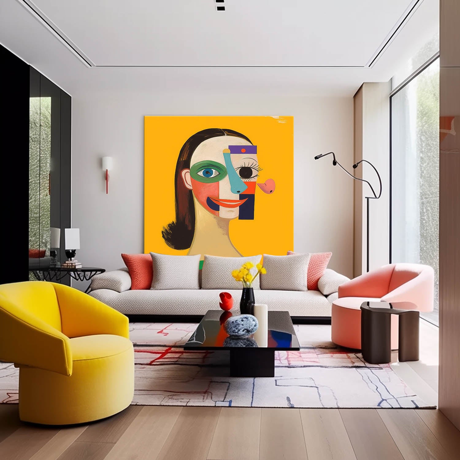 Abstract Geometric Face Lady Wall Art Origina Woman Acrylic Painting Canvas Square Large Girl Artwork