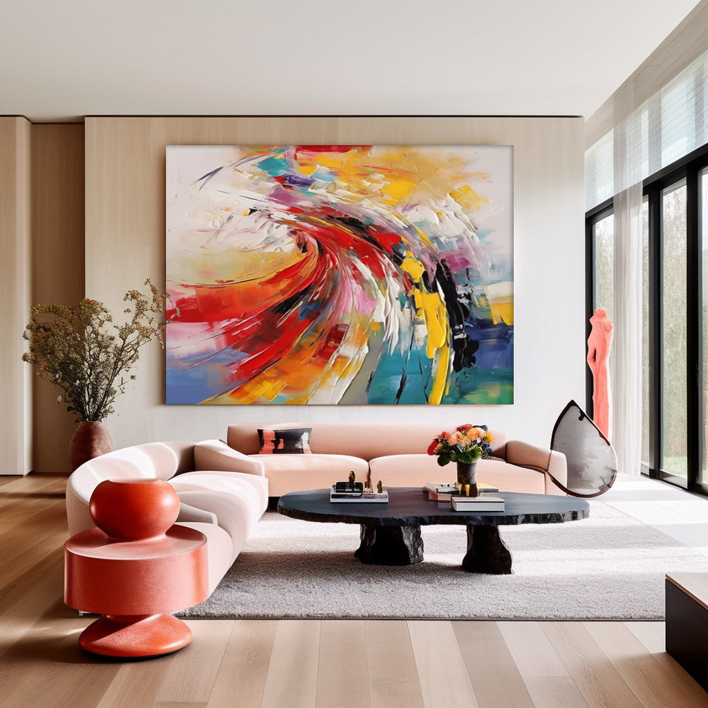 Bright Modern Abstract Canvas Painting Big Texture Colorful Abstract Wall Art Framed For Living Room