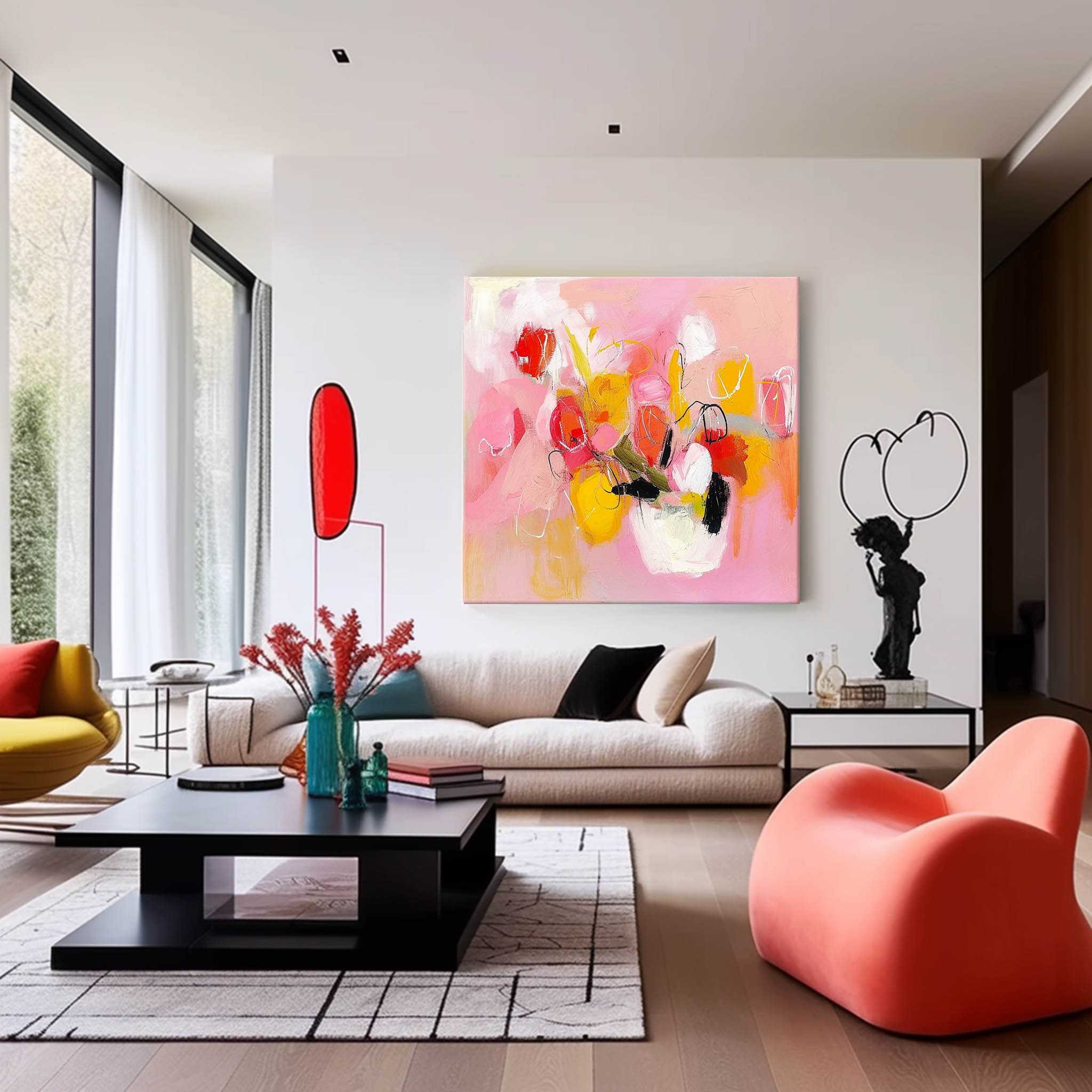 Square Abstract Graffiti Oil Painting Bright Pink Large Acrylic Painting Canvas Original Modern Wall Art For Living Room