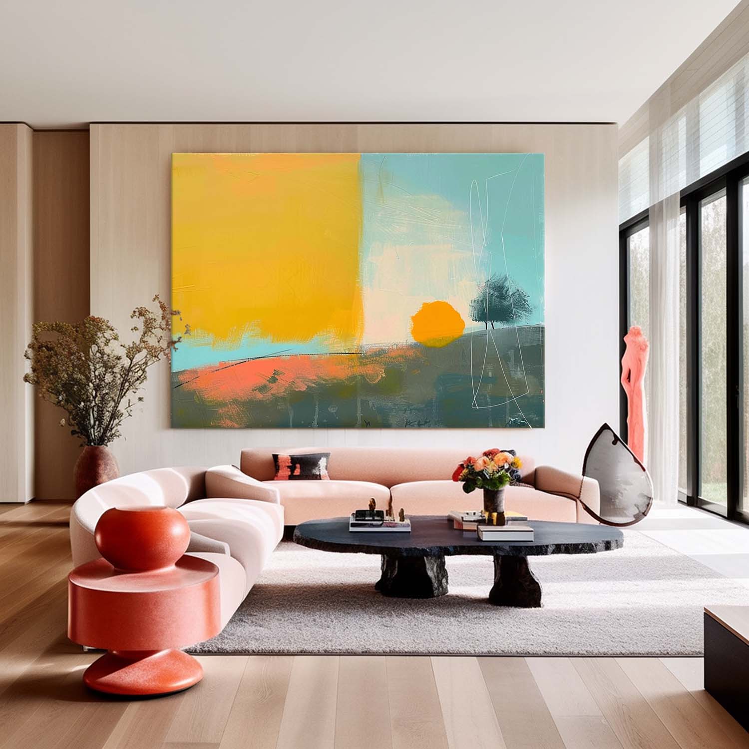 Modern Vibrant Colorful Sunset Natural Artwork Abstract Landscape Oil Painting Texture Acrylic painting