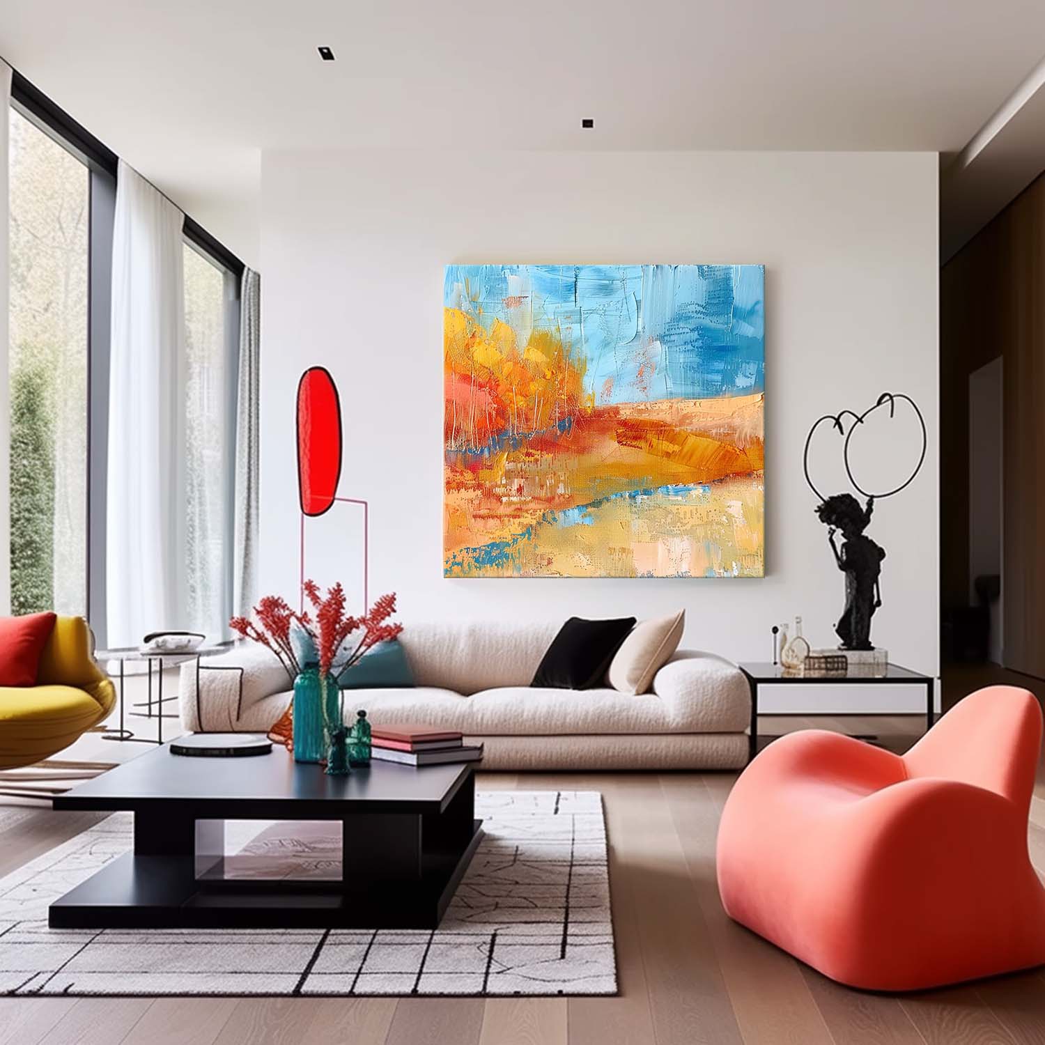 Large Abstract Field Oil Painting On Canvas Square Orange Modern Nature Art Original Wall Art Home Decor