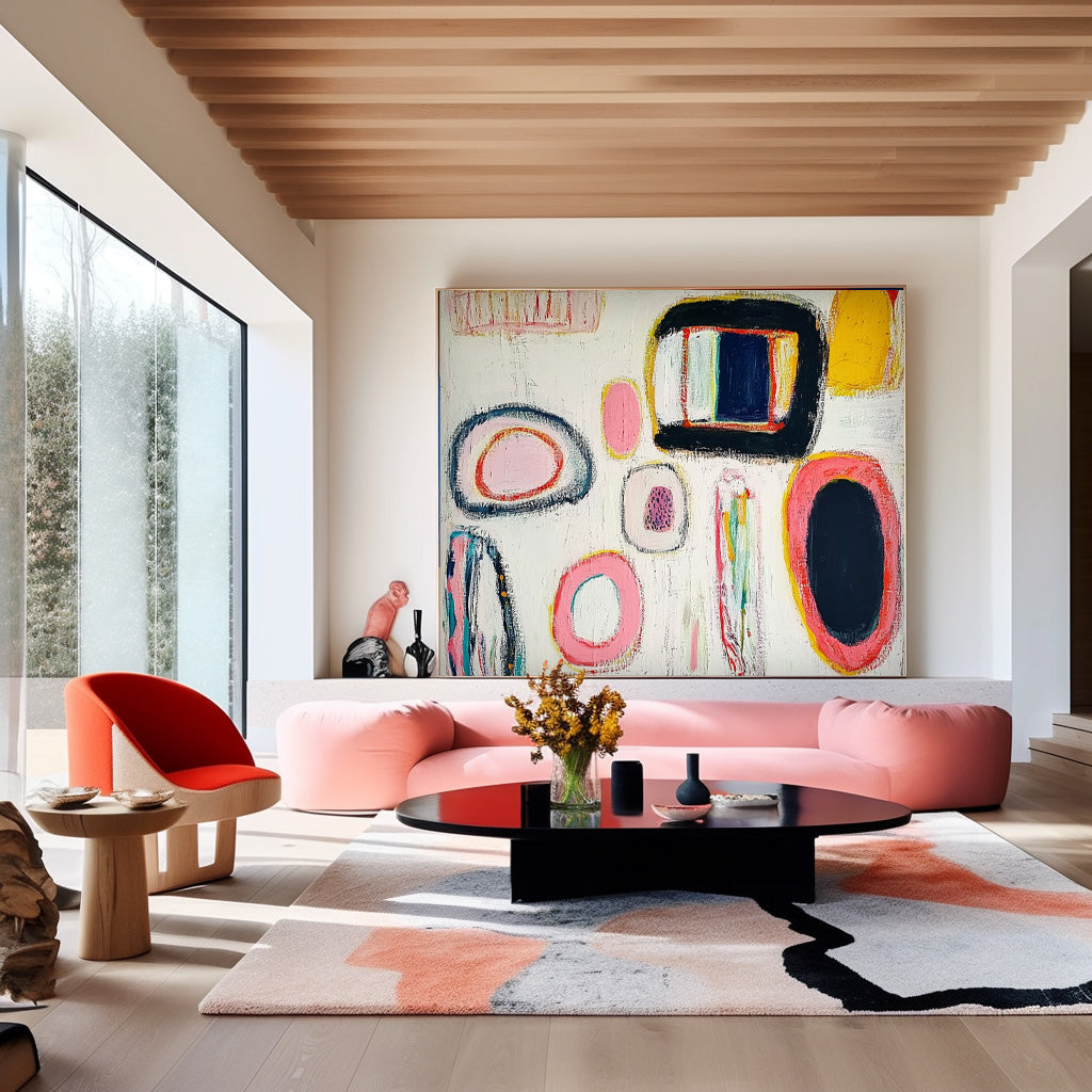 White Abstract Graffiti Oil Painting Modern Colorful Artwork Original Irregular Geometric Circles Wall Art