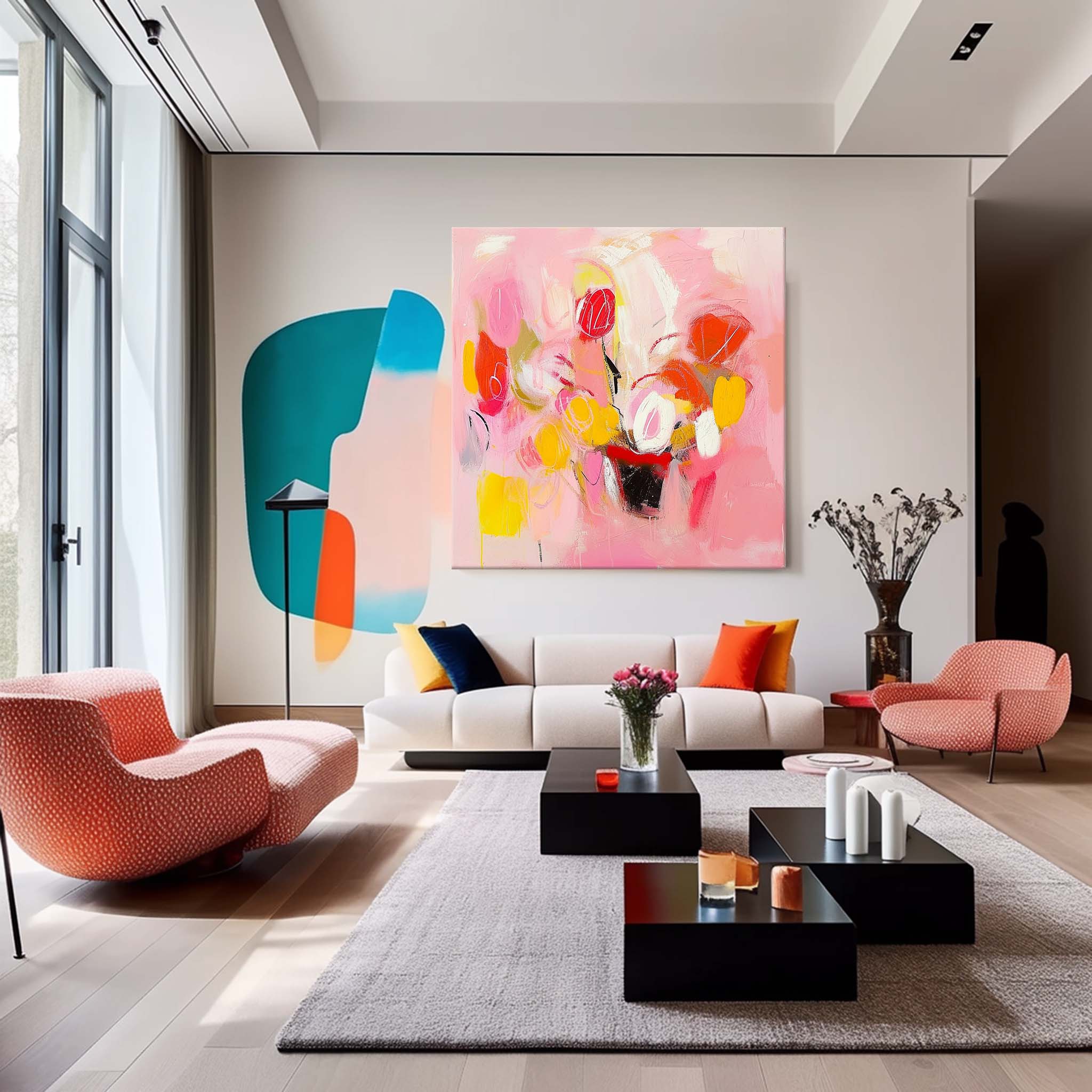 Square Abstract Graffiti Oil Painting Bright Pink Large Acrylic Painting Canvas Original Modern Wall Art For Living Room