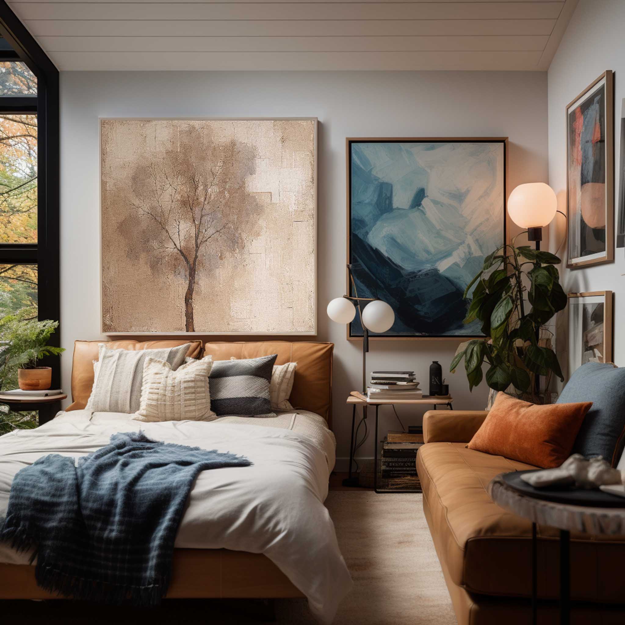 Abstract Ink Tree Art Beige Square Acrylic Painting Canvas Original Painting For Living Room