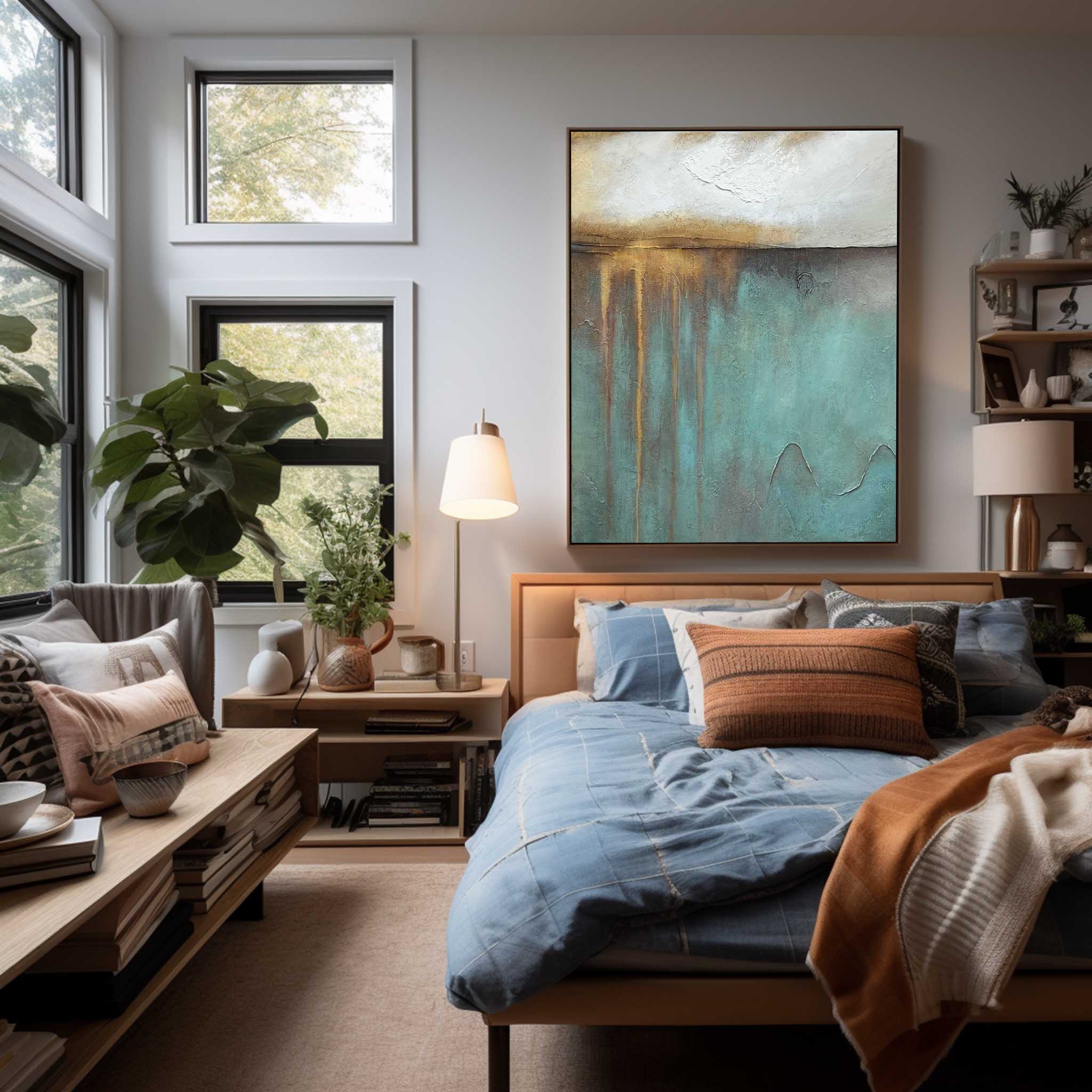 Blue And Gold Modern Wall Art Large Original Texture Abstract Oil Painting On Canvas For Living Room