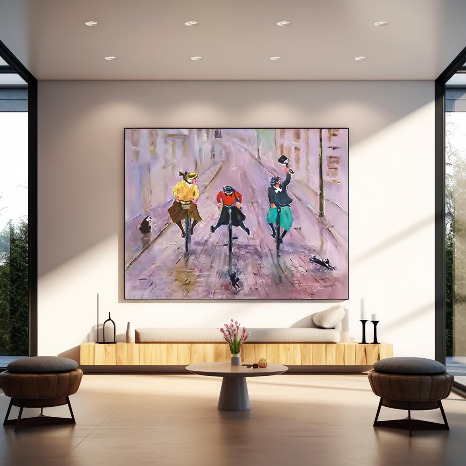 Large woman Rding A Bicycle Wall Art Abstract Oil Painting Original Medieval style Artwork For Living Room