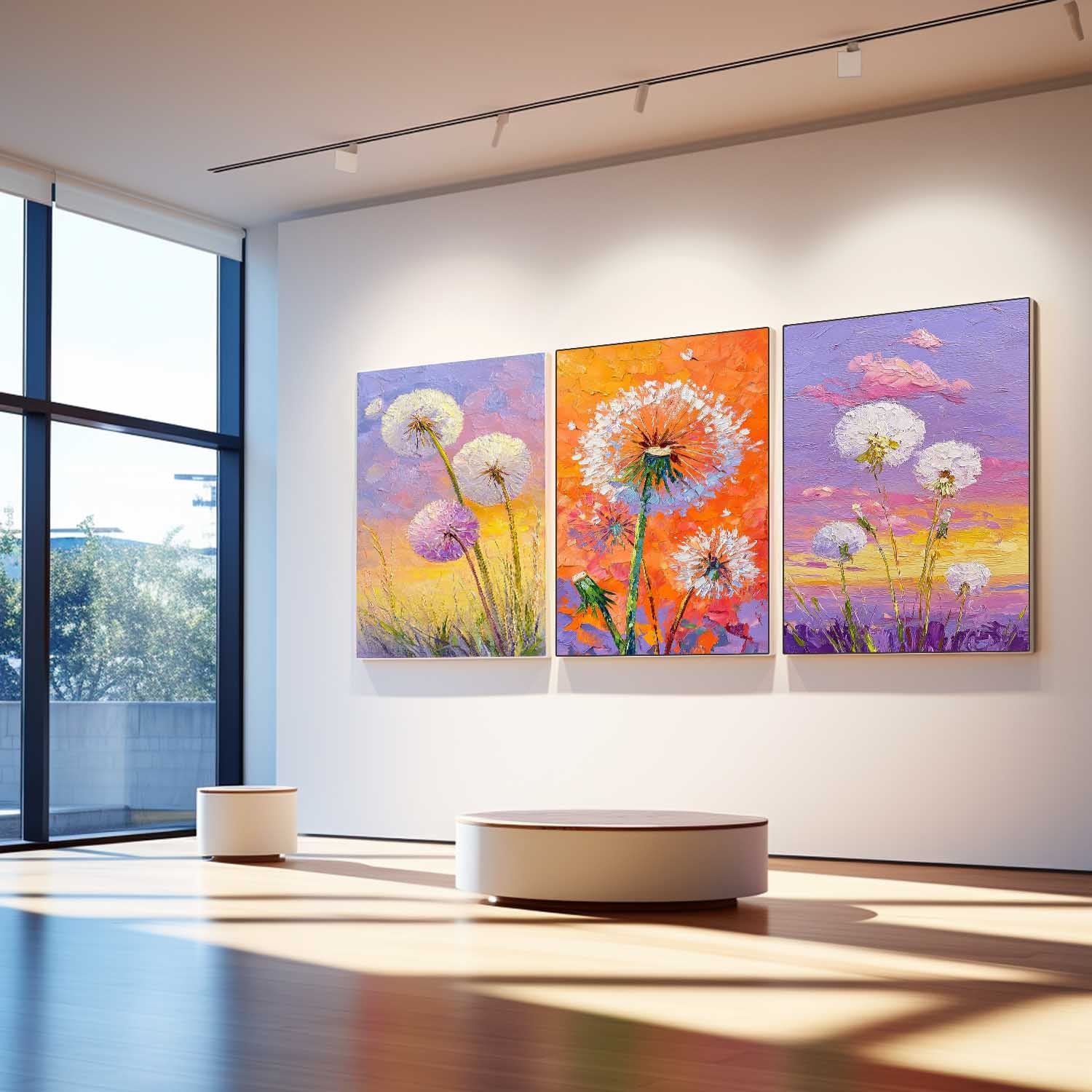 Impressionist Sunset Wildflower Painting Triptych Boho Decor Vibrant Color Dandelion Modern Floral Art