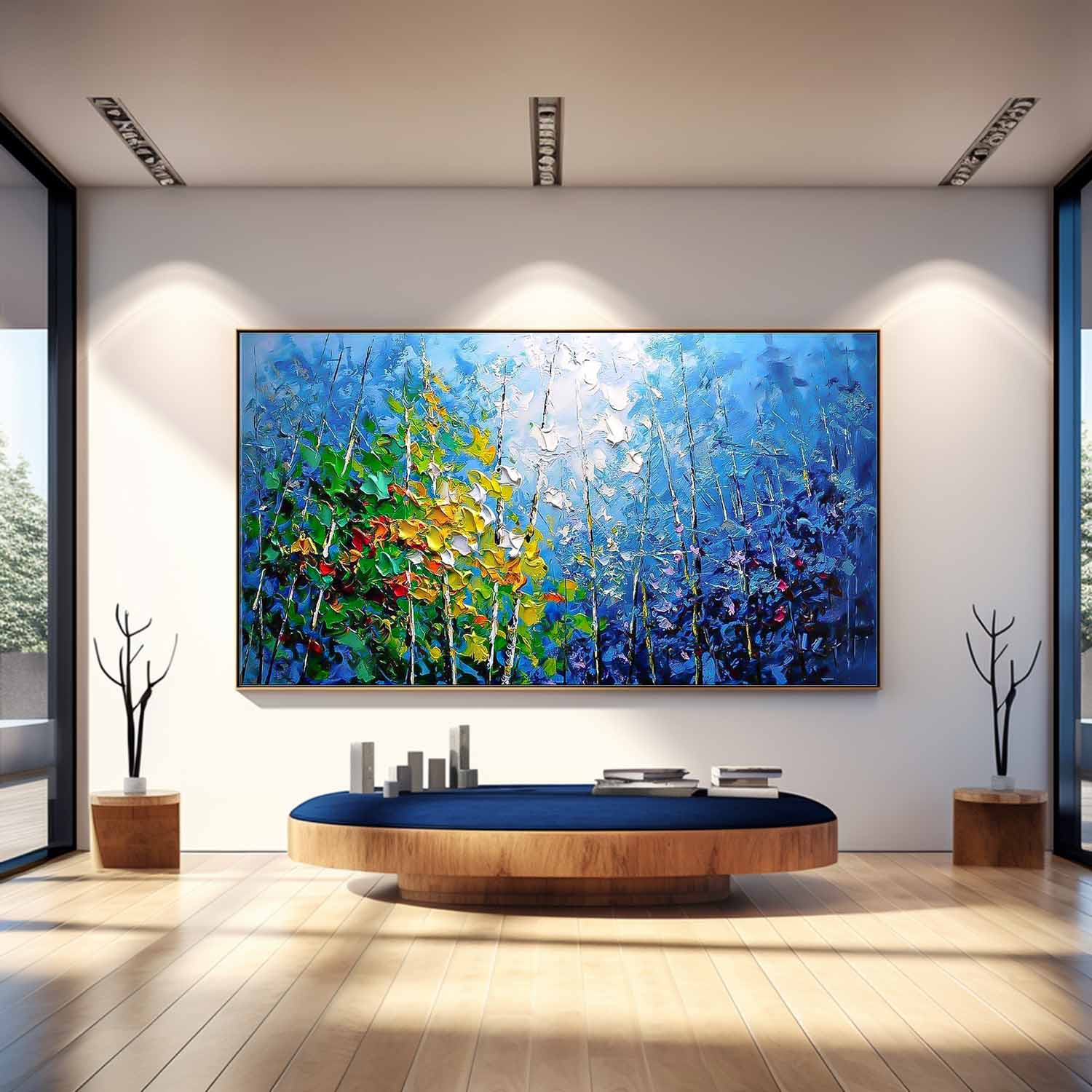 Large Wall Art Blue Forest Textured Floral Acrylic Painting Original Modern Impasto Painting On Canvas