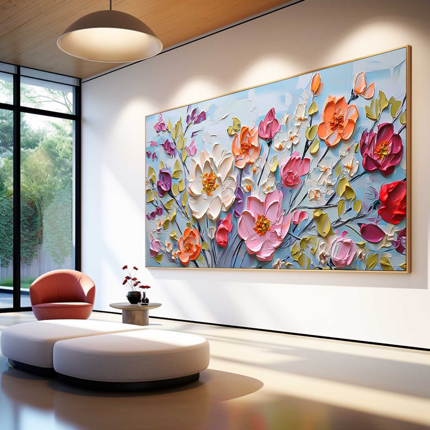 Large Acrylic Colorful Textured Floral Painting Original Drawing Flowers Wall Art Modern Floral Painting For Living Room