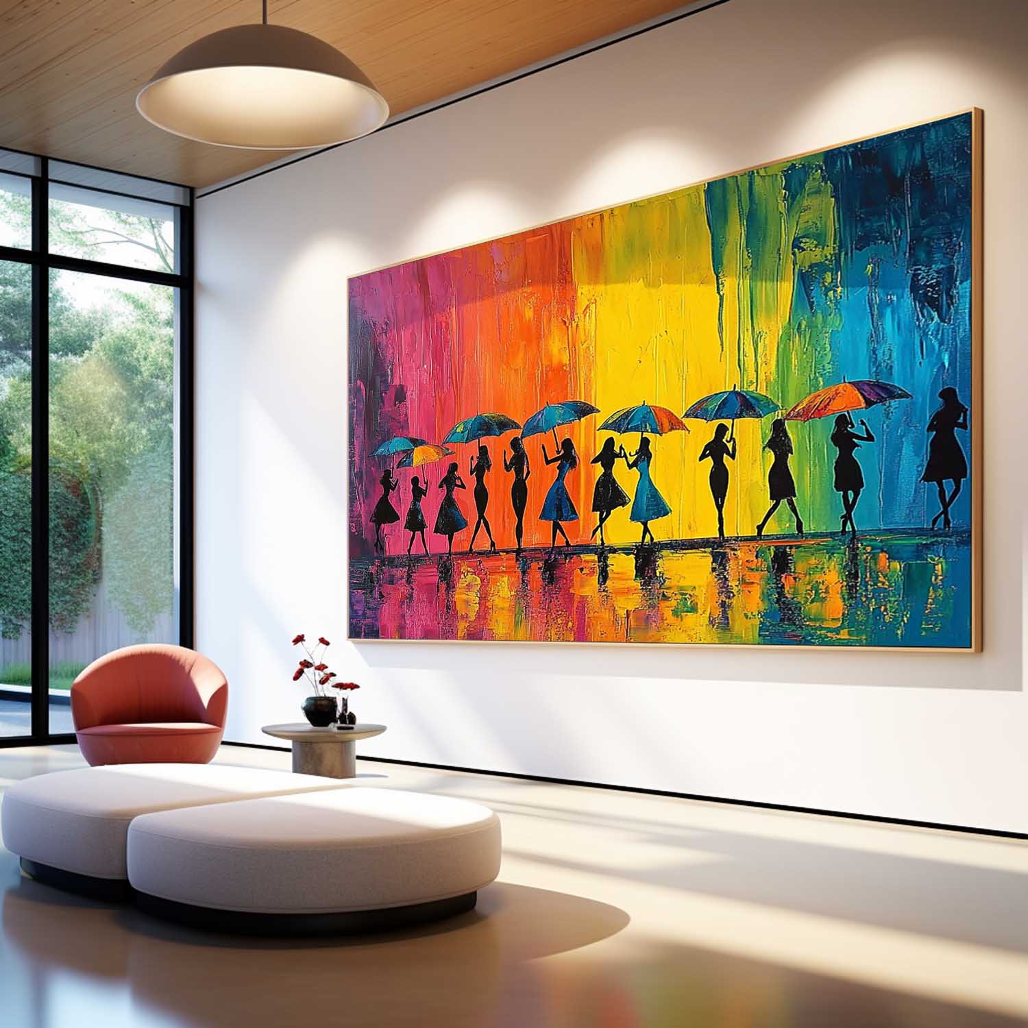Original People Silhouette Artwork Expressive Rainy Street Modern Acrylic Painting Large Colorful Wall Art