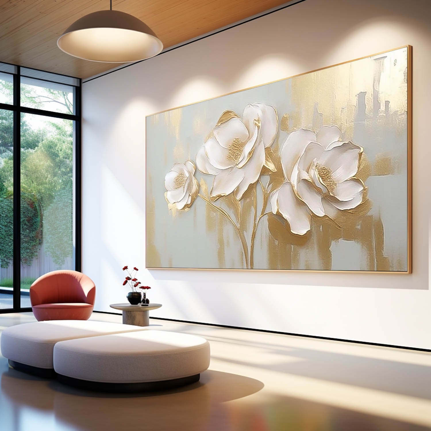 Modern Large Wall Art Textured Flower Acrylic Painting Original White And Gold Painting On Canvas For Living Room