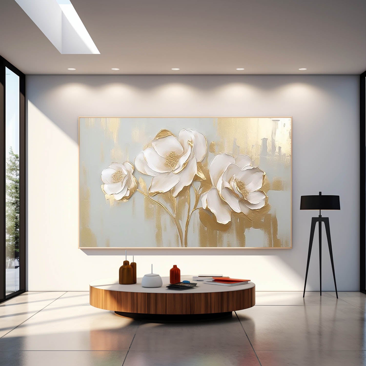 Modern Large Wall Art Textured Flower Acrylic Painting Original White And Gold Painting On Canvas For Living Room