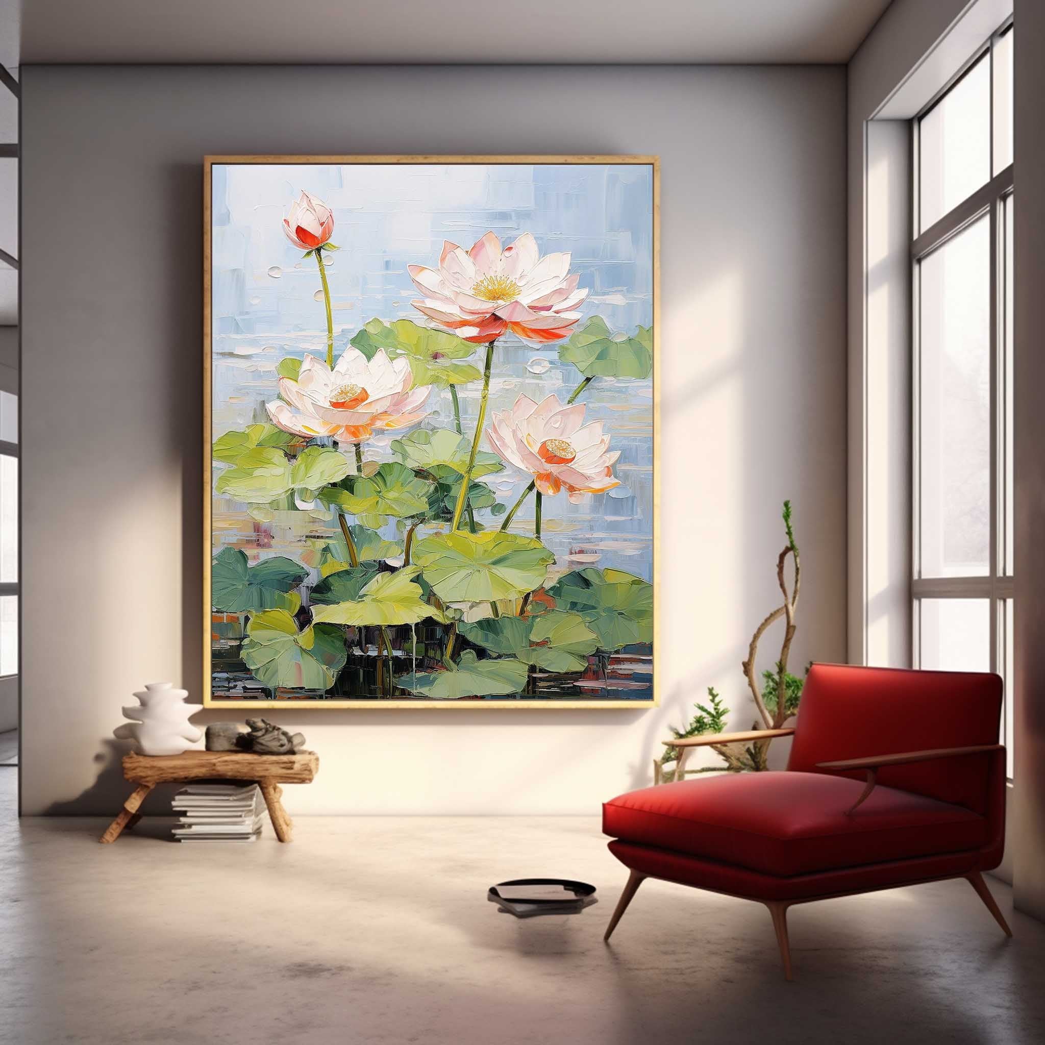 Large 3D Floral Textured Abstract Acrylic Wall Art Impressionism Pink Lotus Flowers Painting Framed For Sale