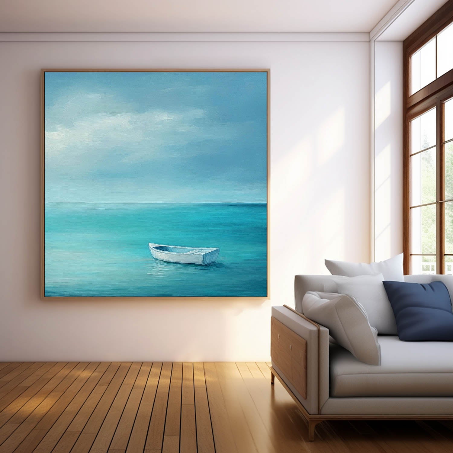 Large Small Boat Wall Art Seaside Landscape Artwork Abstract Offing Scenery Oil Painting Framed Home Decor
