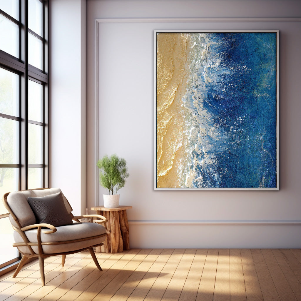 Acrylic Textured Beach And Ocean Painting Framed Large Blue Ocean Wall Art For Living Room