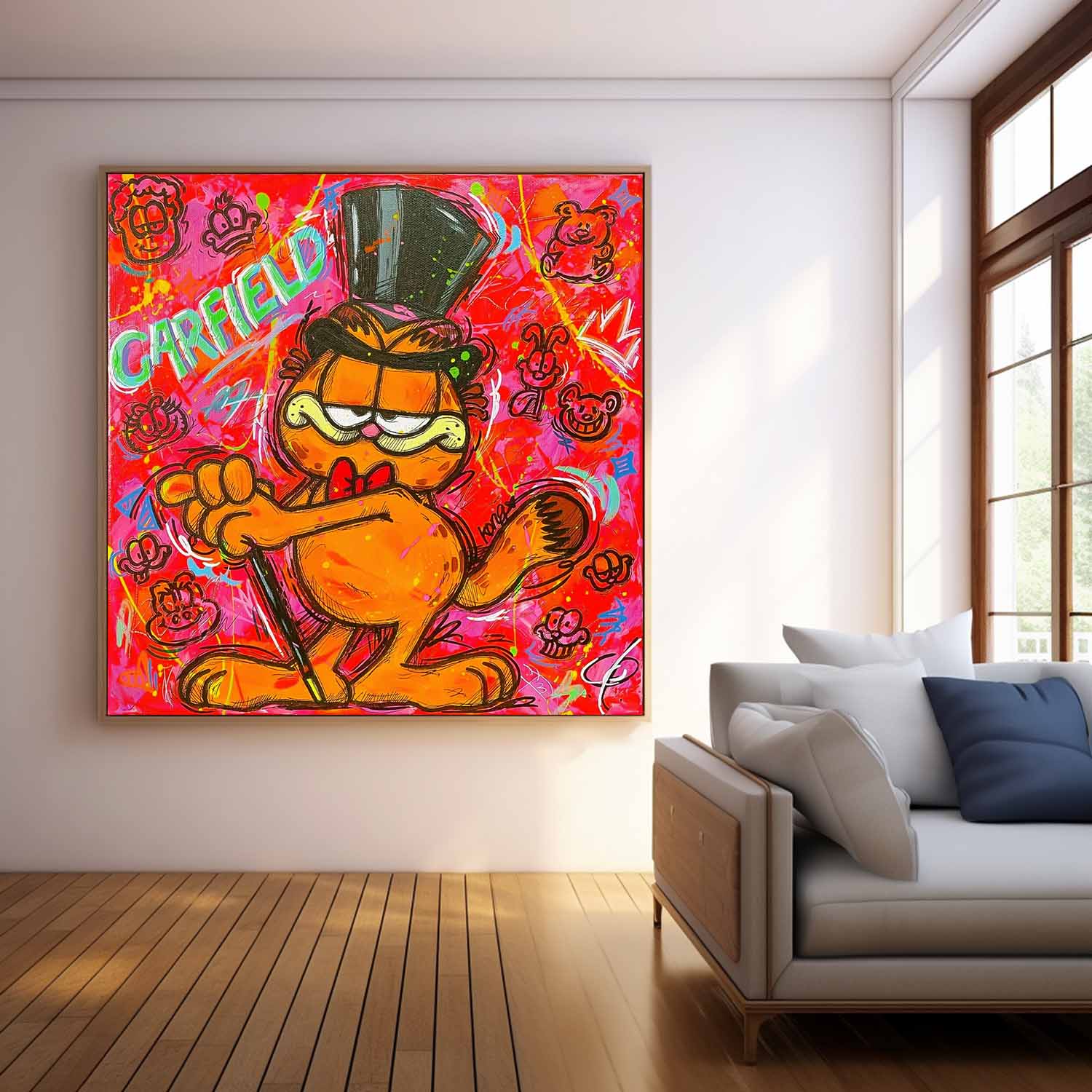 Original Lovely Cartoon Characters Wall Art Famous Garfield Oil Painting Canvas Large Animal Artwork