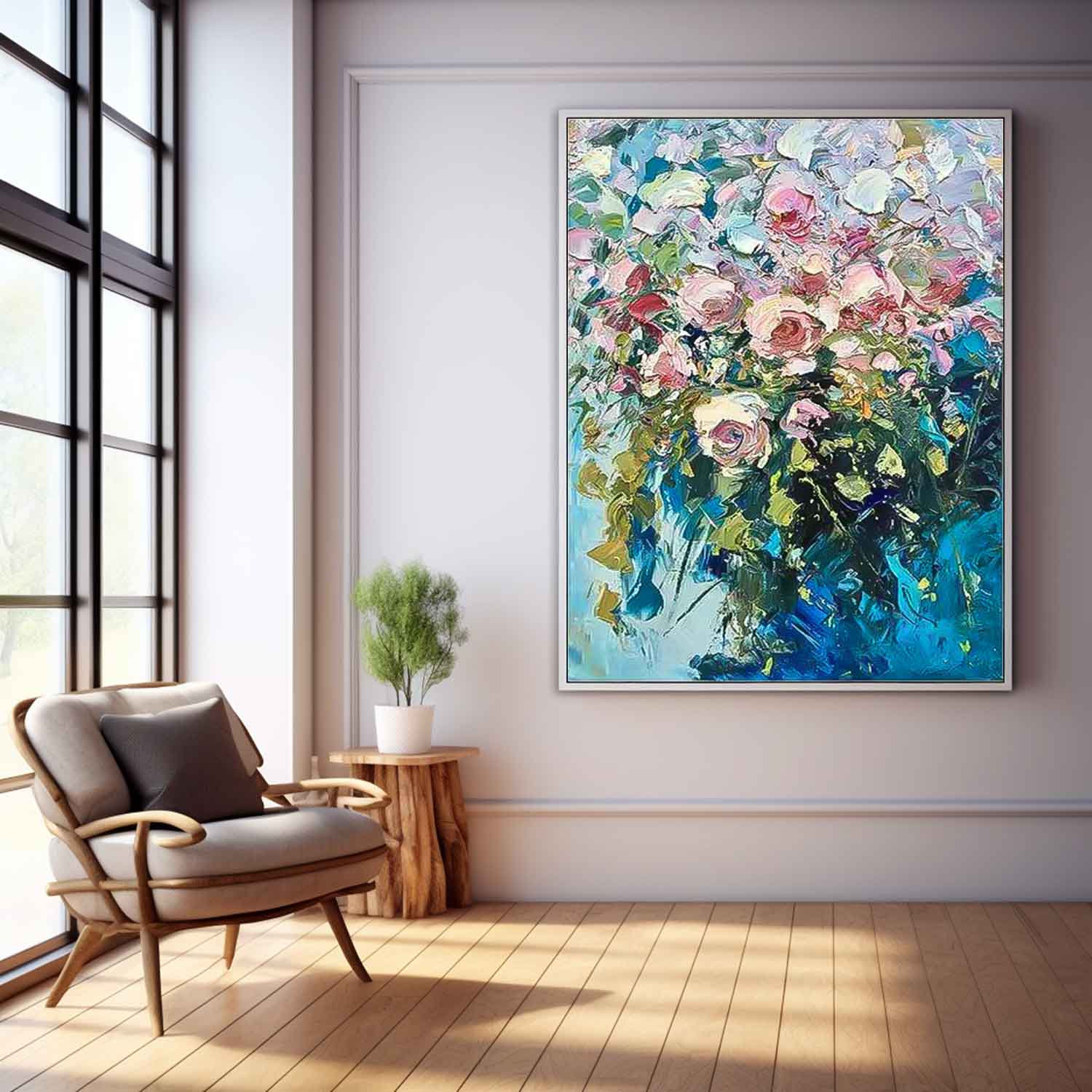 Pink Floral Abstract Acrylic Knife Painting On Canvas Contemporary Flower Wall Art Rustic Art