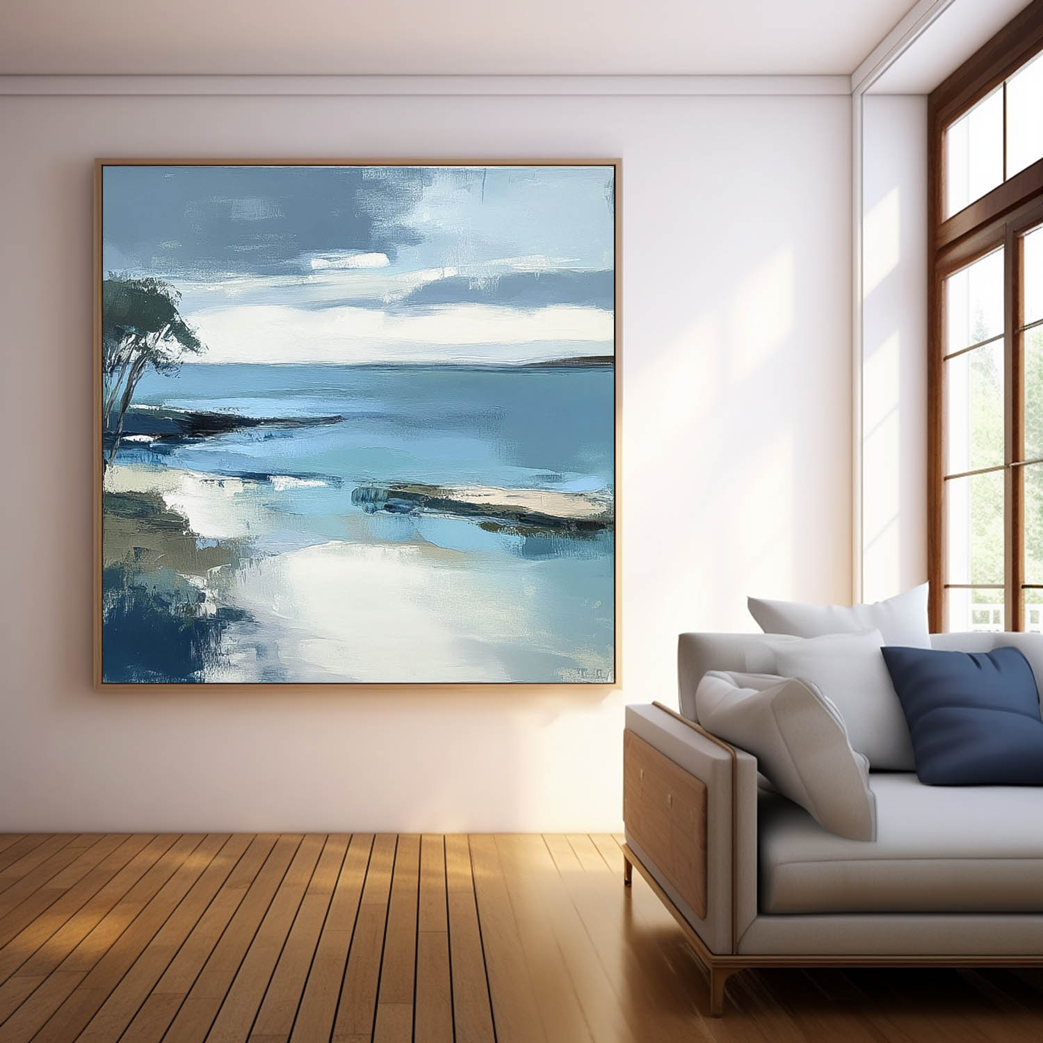 Large Blue Texture Wall Art Seaside Landscape Artwork Abstract Offing Scenery Oil Painting Framed Home Decor