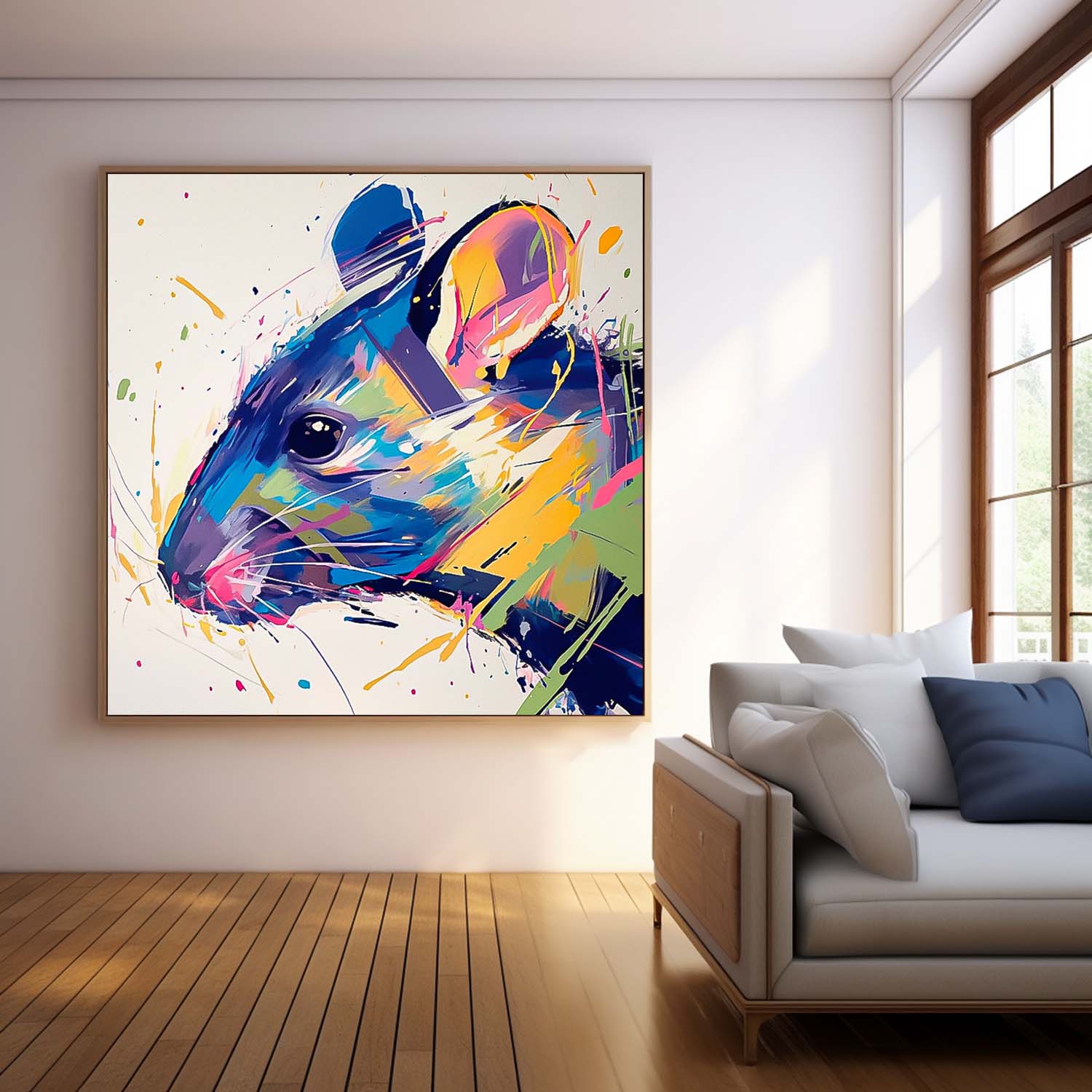 Square Mouse Oil Painting Canvas Large Colorful Animal Artwork Original Lovely Rat Wall Art Home Decor