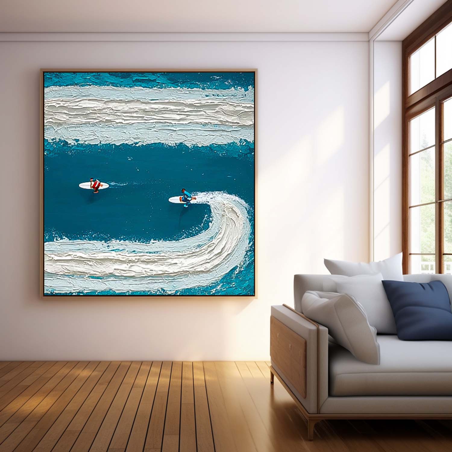 Square Abstract Surfer Landscape Blue Ocean Wall Art Minimalist Surfing Art Contemporary Ocean Painting