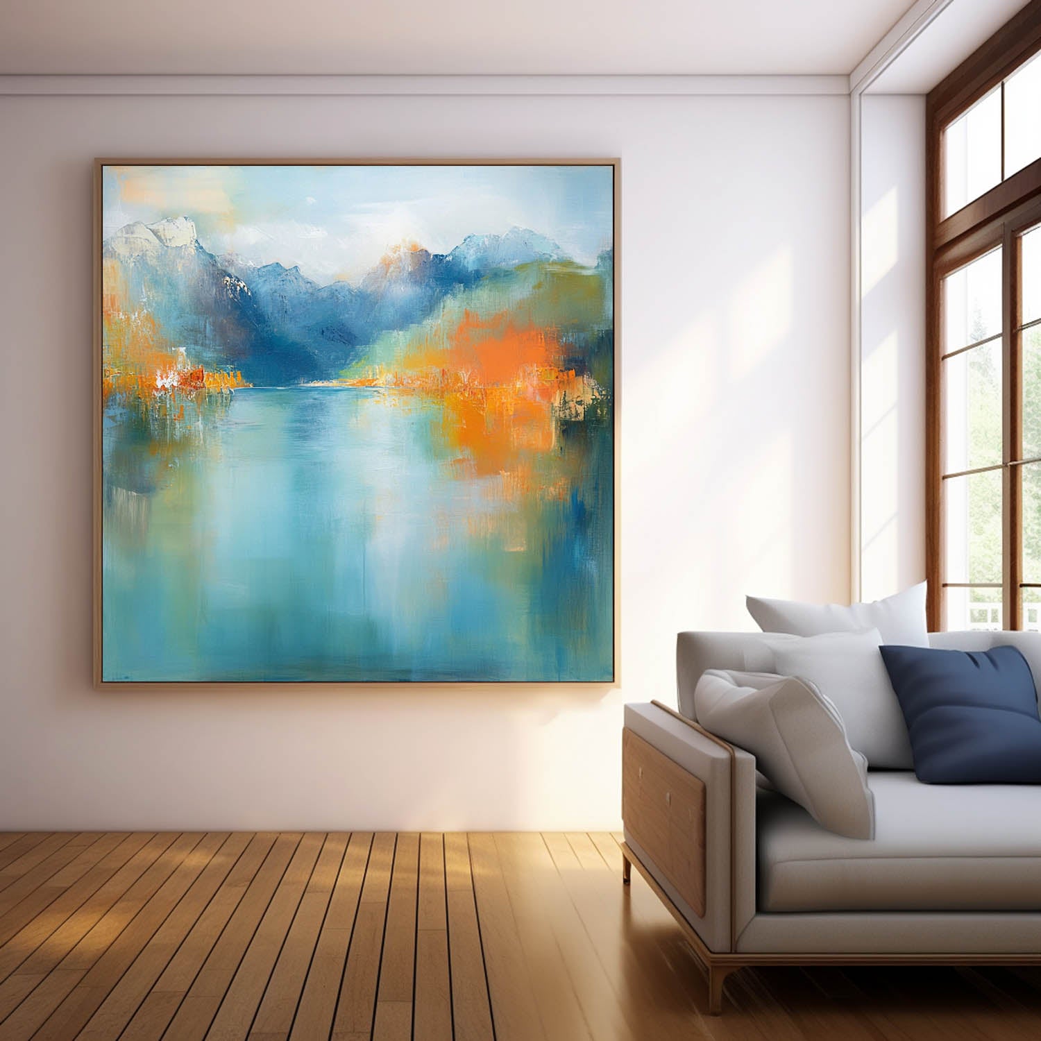 Ink Style Texture Painting Abstract Landscape Oil Painting Modern Blue Dreamscape Lake Natural Artwork