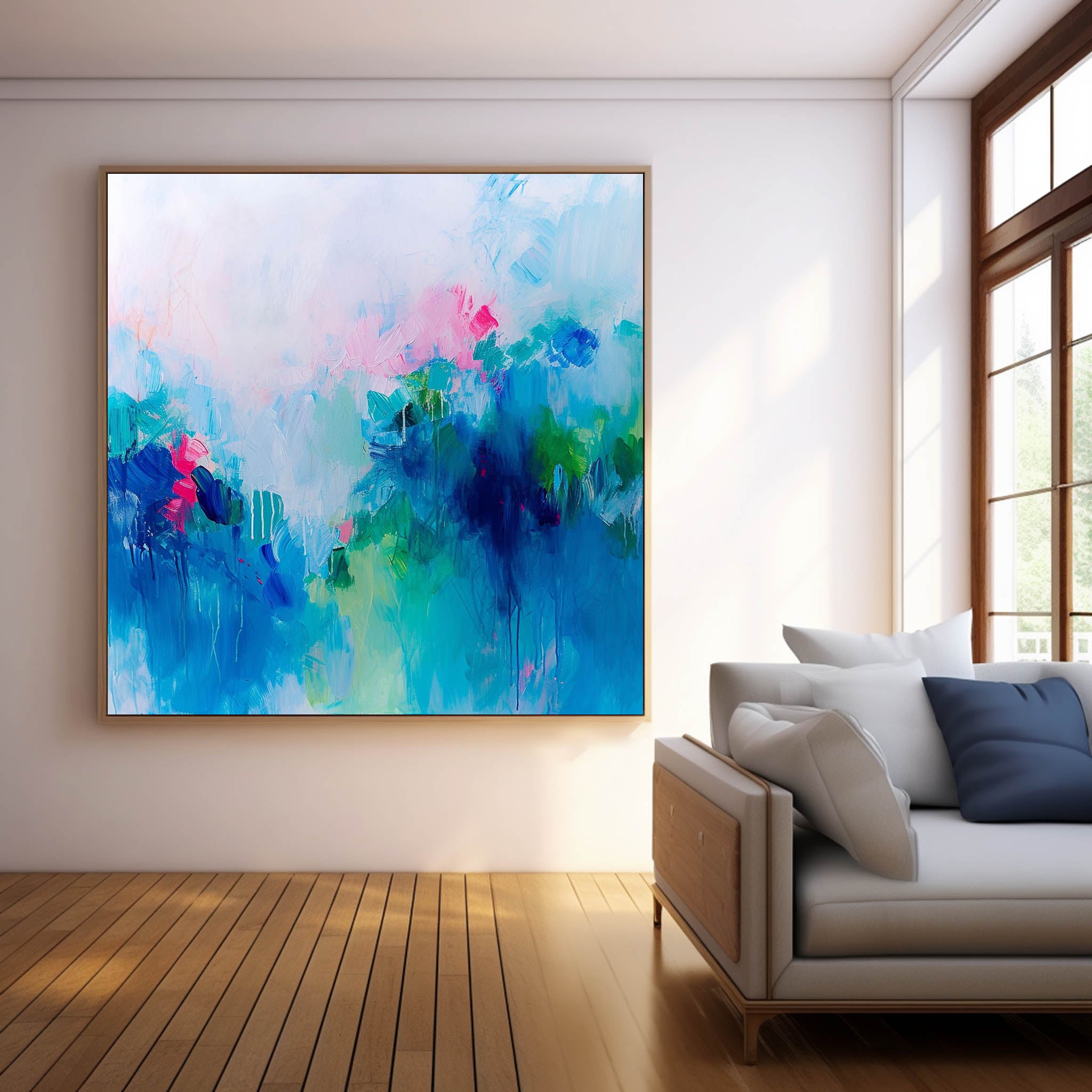 Framed Abstract Wall Art Original Abstract Ink Painting For Sale Warm Blue Painting Canvas For Living Room