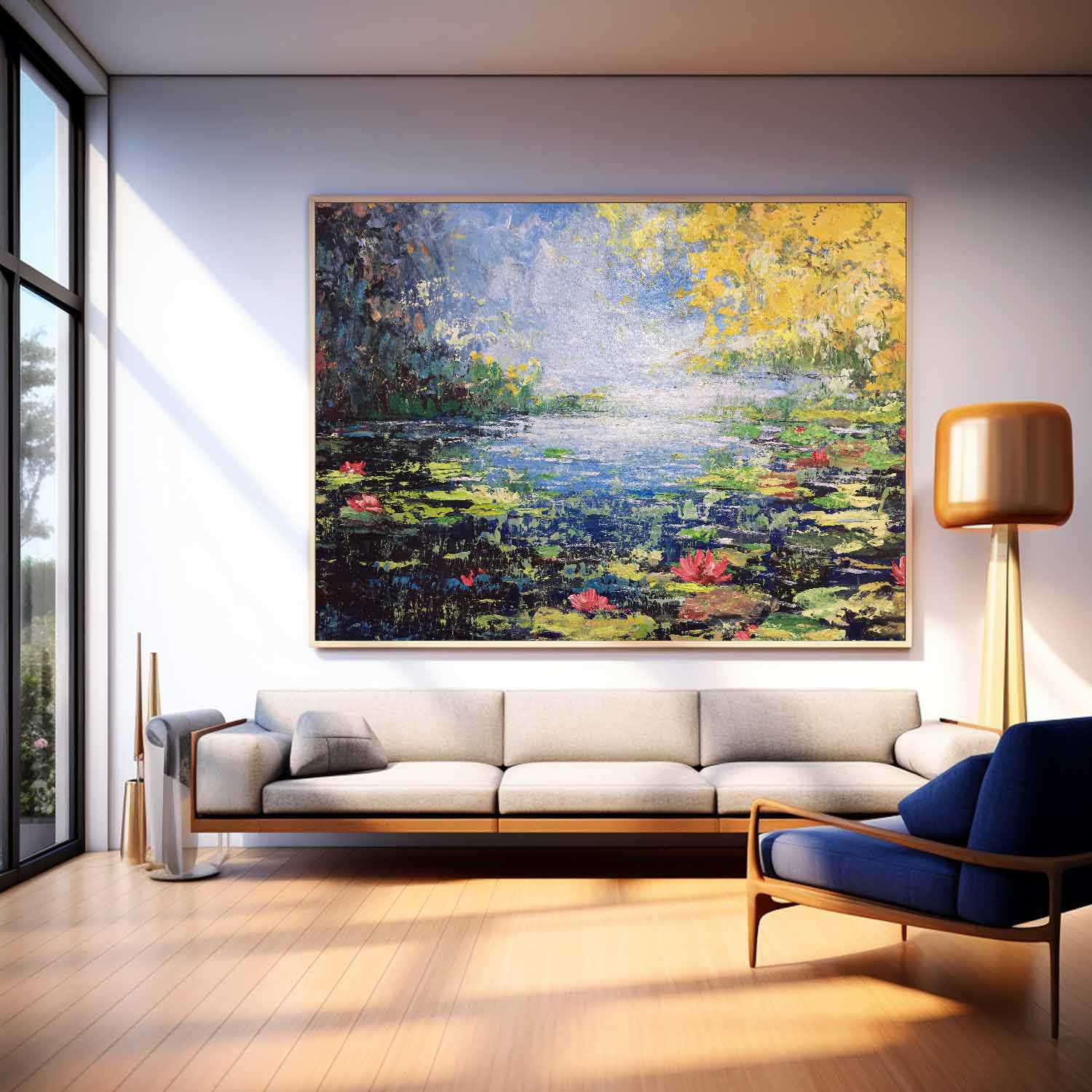 Modern Scenery Framed Wall Art Original Riverside Flowers Acrylic Painting On Canvas Large Artwork Gift