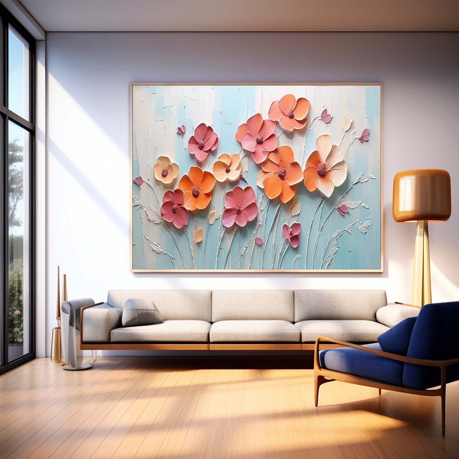 Spring Flowers Drawing Large Textured Floral Acrylic Painting Modern Original Framed Floral Wall Art
