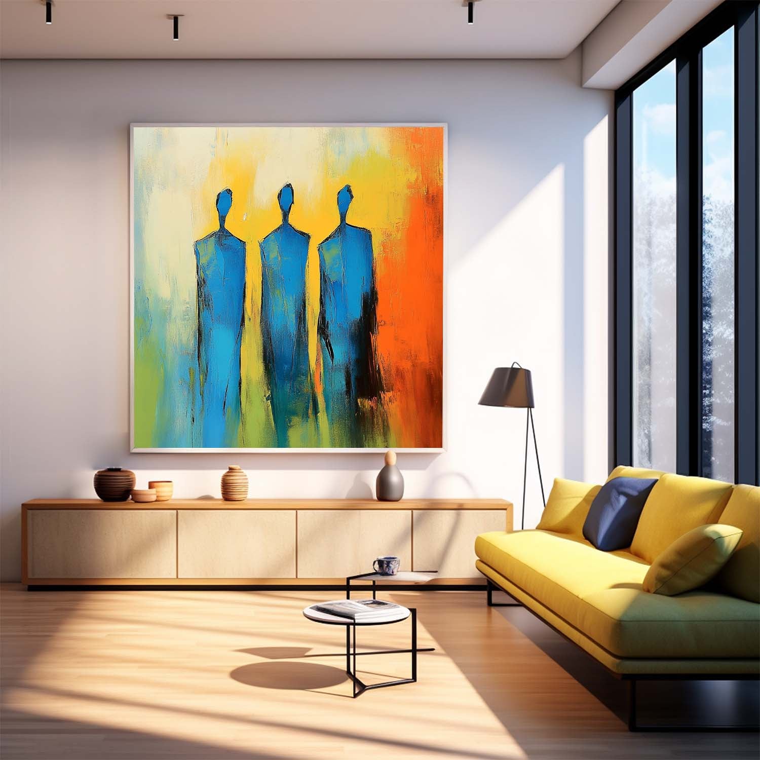 Original Blue Figure Acrylic Painting Canvas Colorful Abstract Wall Art Square Large Portrait Artwork