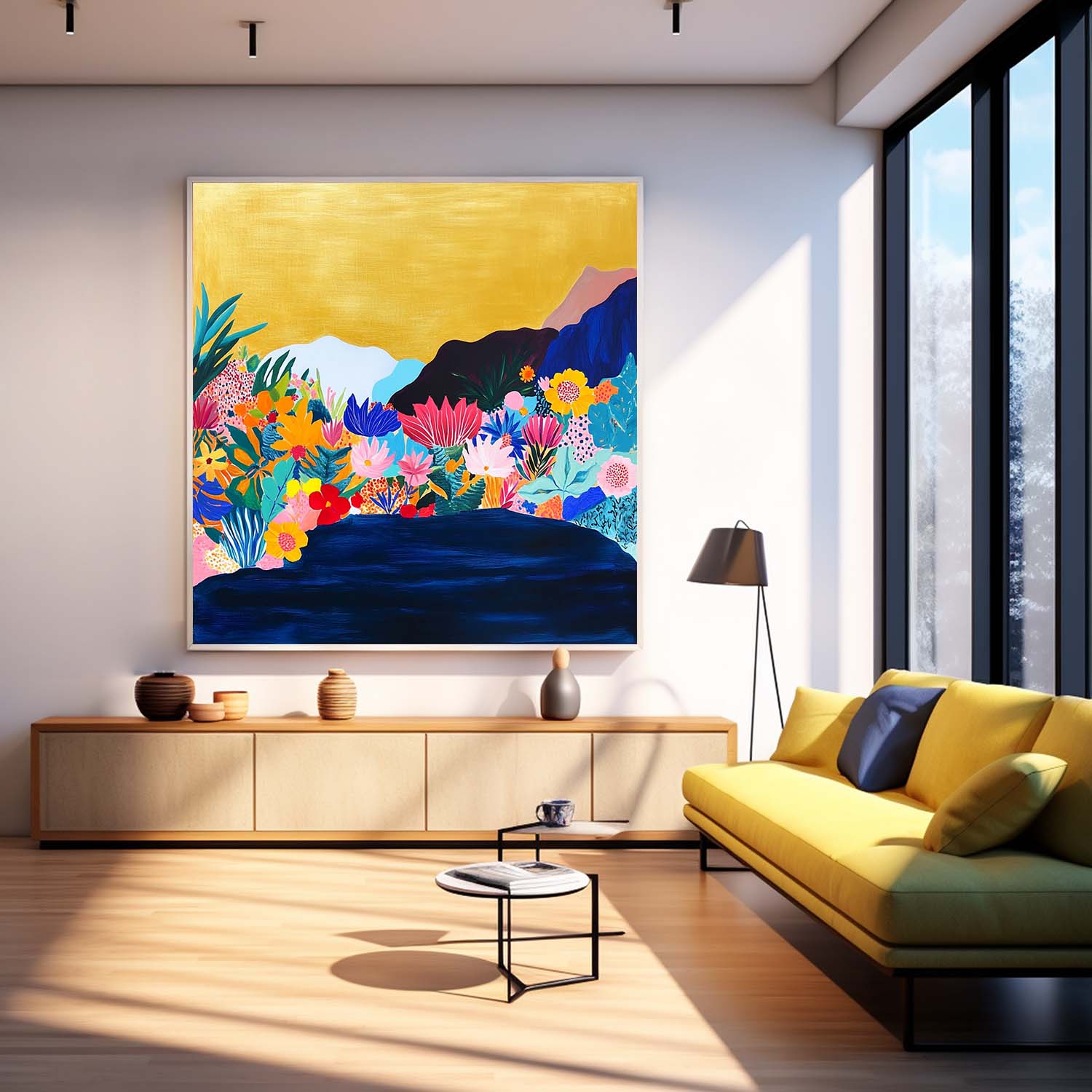 Large Illustration style Wall Art Floral Painting on Canvas Original Flower Bush Botanical Square Artwork