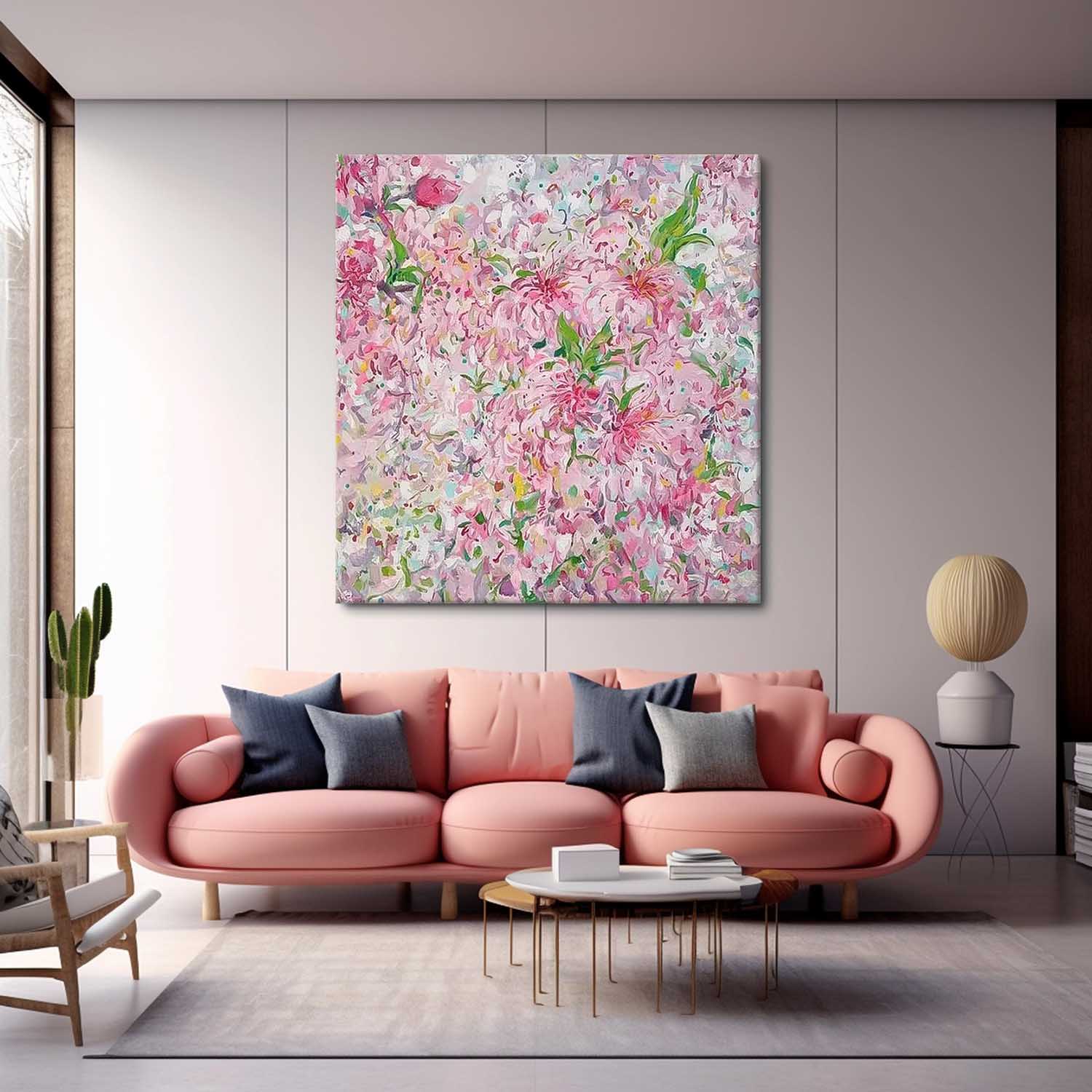 Square Pink Original Flower Wall Art Large Floral Acrylic Painting Modern Floral Oil Painting On Canvas