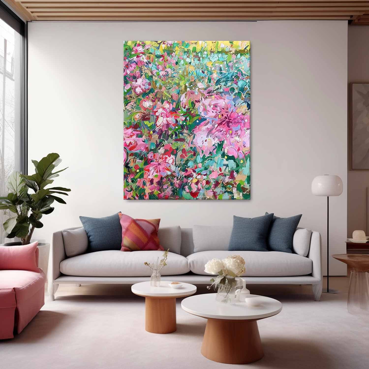 Pink Floral Green leaves Abstract Acrylic Wall Art Custom Painting On Canvas For Living Room