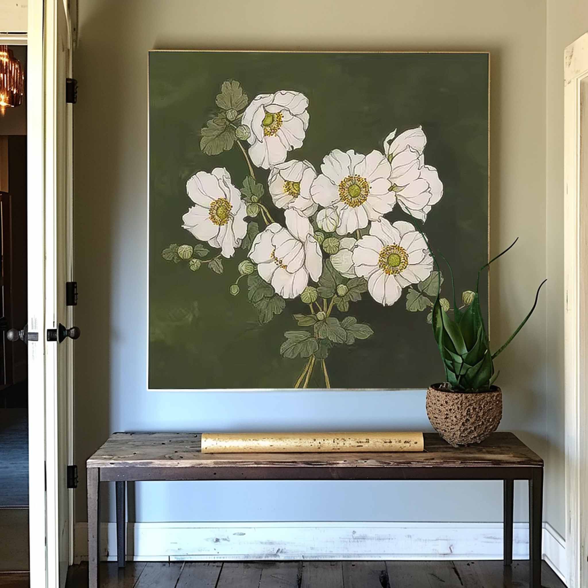 Large Abstract Daisy Flowers Paintings Square Contemporary Flower Paintings Wall Art Green Artwork