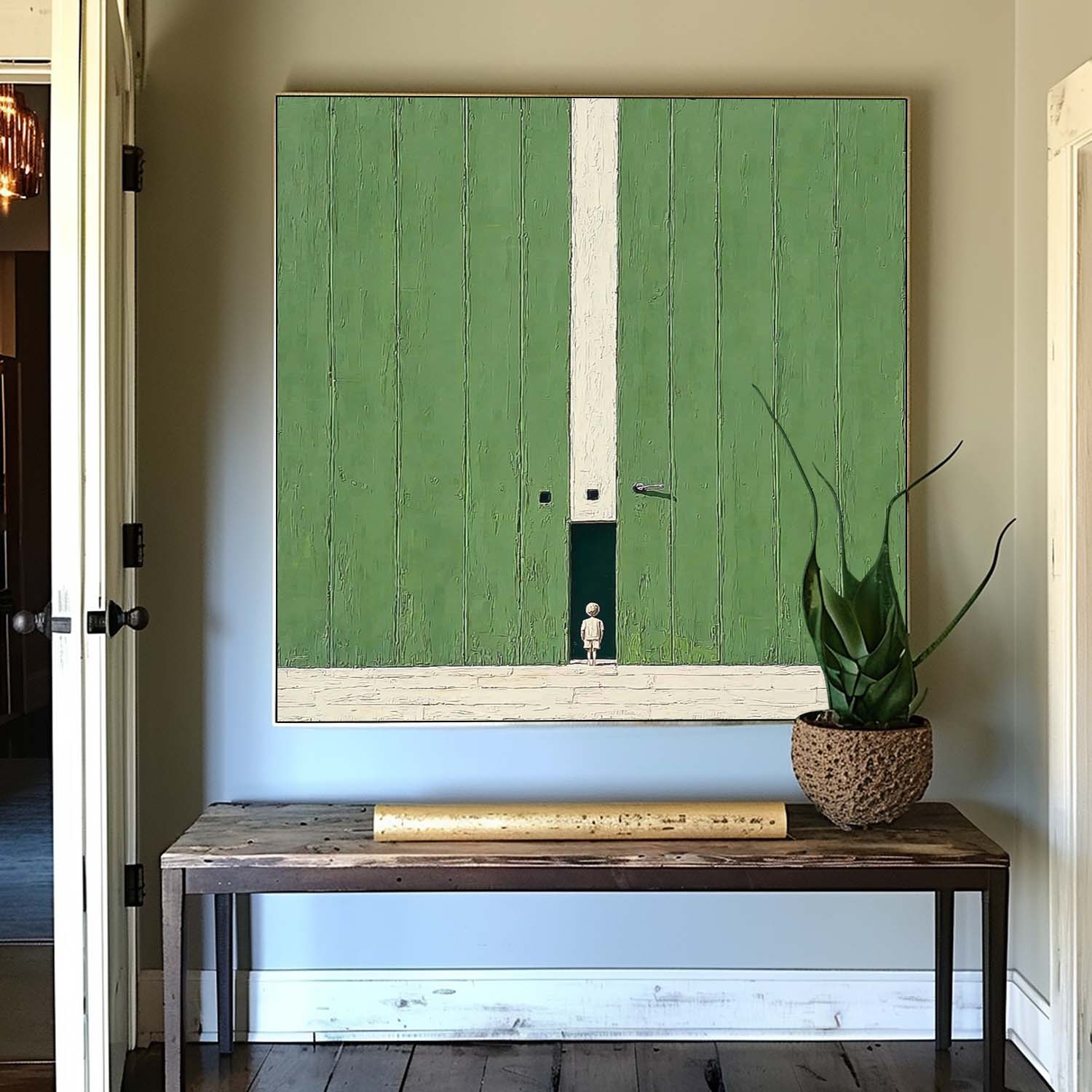 Abstract Acrylic painting Original Green Doorway Wall Art Large Architectural Door Painting Framed