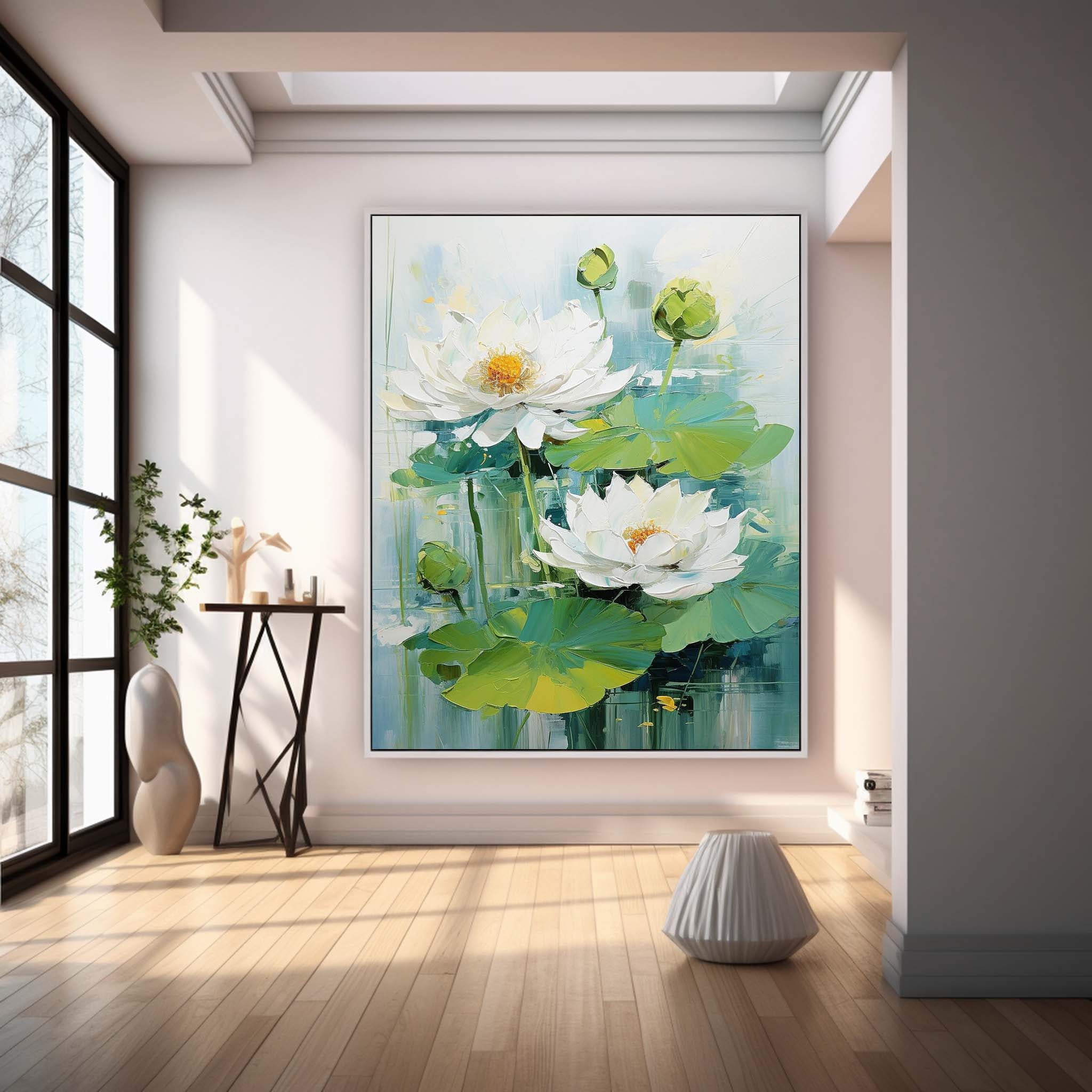 Lotus Painting Framed Large White Flower Wall Art Abstract Flower Acrylic Painting Textured Floral Painting
