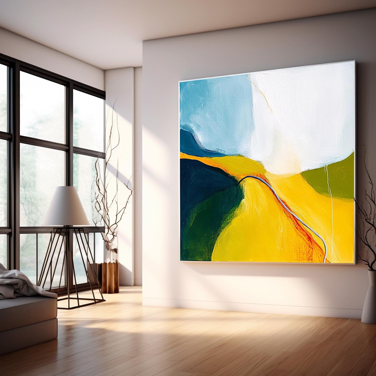 Abstract Oil Painting Original Minimalist Artwork Bright Yellow Large Wall Art For Living Room