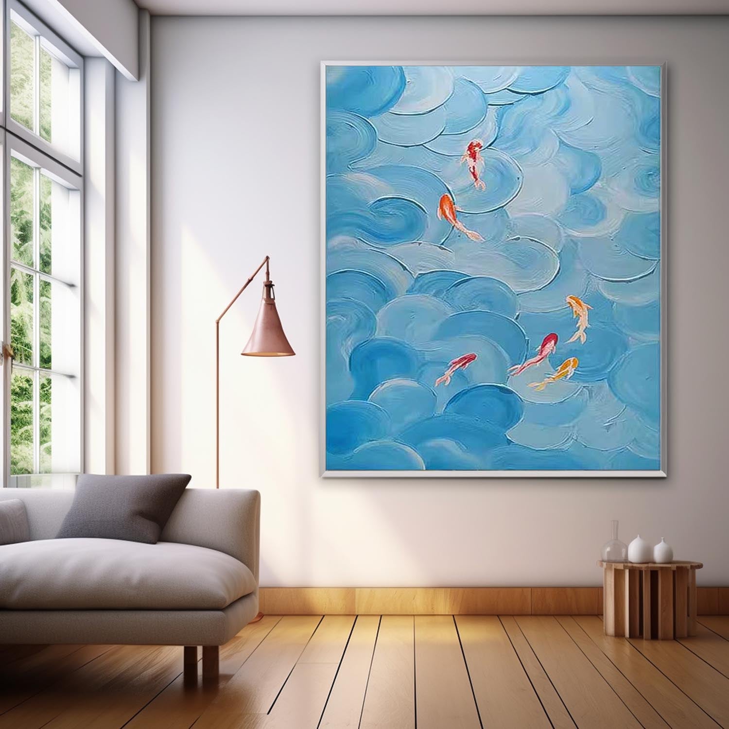 Warm Blue Large Contemporary Koi Acrylic Painting On Canvas Abstract Goldfish Oil Painting Original Artwork Decor