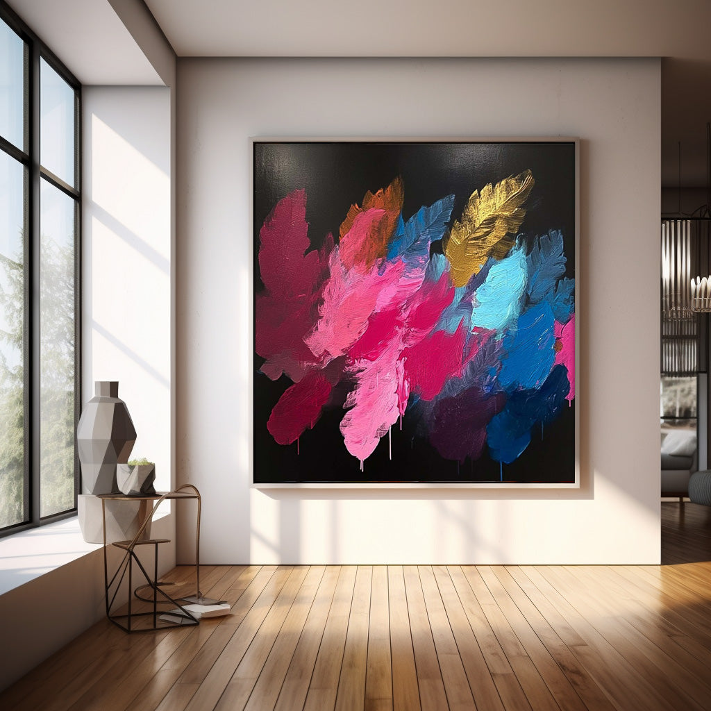 Square Contemporary Colored Leaves Painting Large Textured Abstract Leaves Paintings Original Framed Artwork