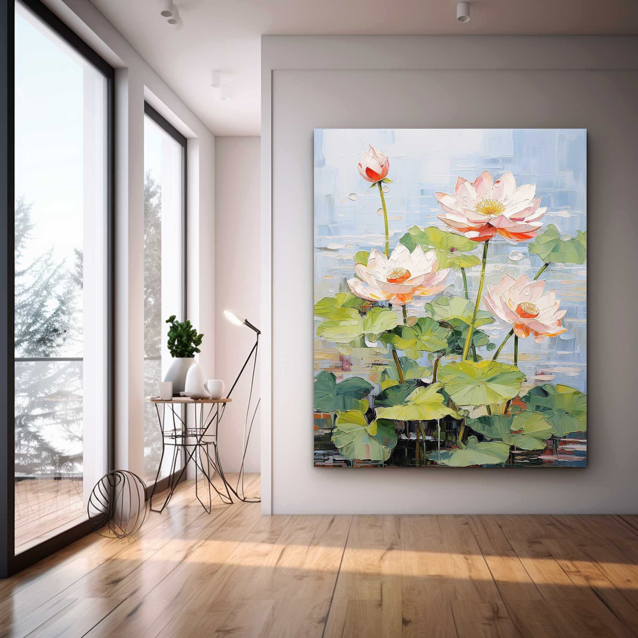 Large 3D Floral Textured Abstract Acrylic Wall Art Impressionism Pink Lotus Flowers Painting Framed For Sale