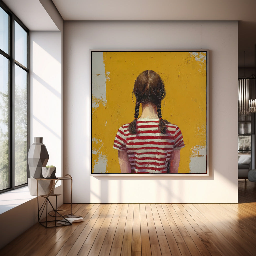 Abstract Twin-Tailed Girl Art Minimalist Child Back View Painting Original Yellow Wall Art For Living Room