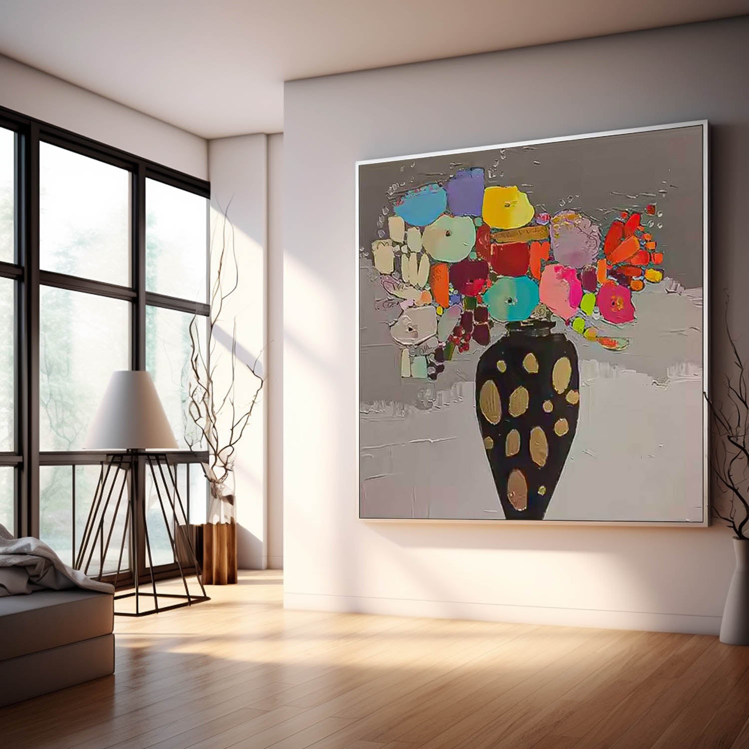 Large Abstract Vase Paintings Square Contemporary Colorful Stone Flower Paintings Spring Painting Framed