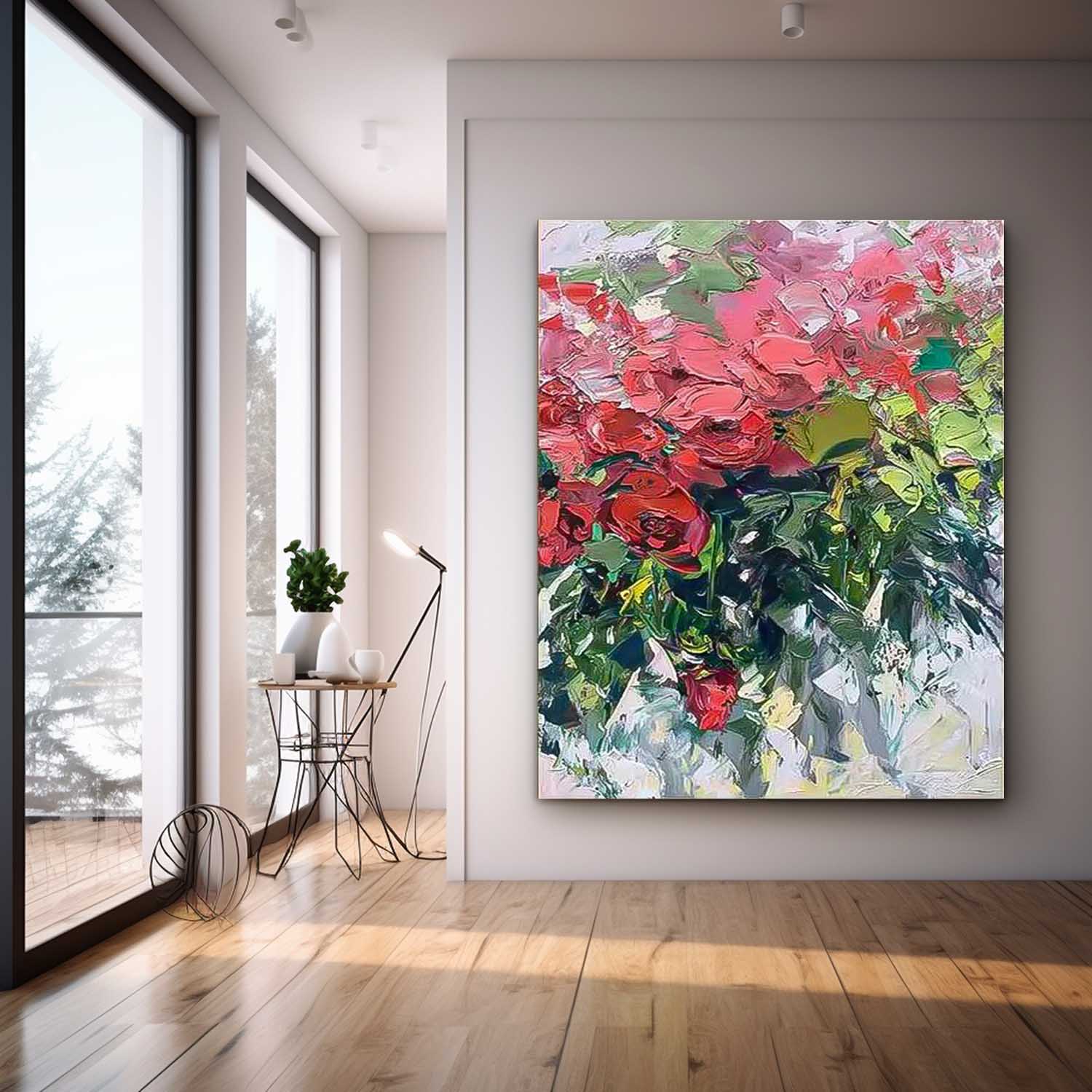 Contemporary Red Rose Wall Art Abstract Acrylic Painting On Canvas Large Rose Artwork On Sale