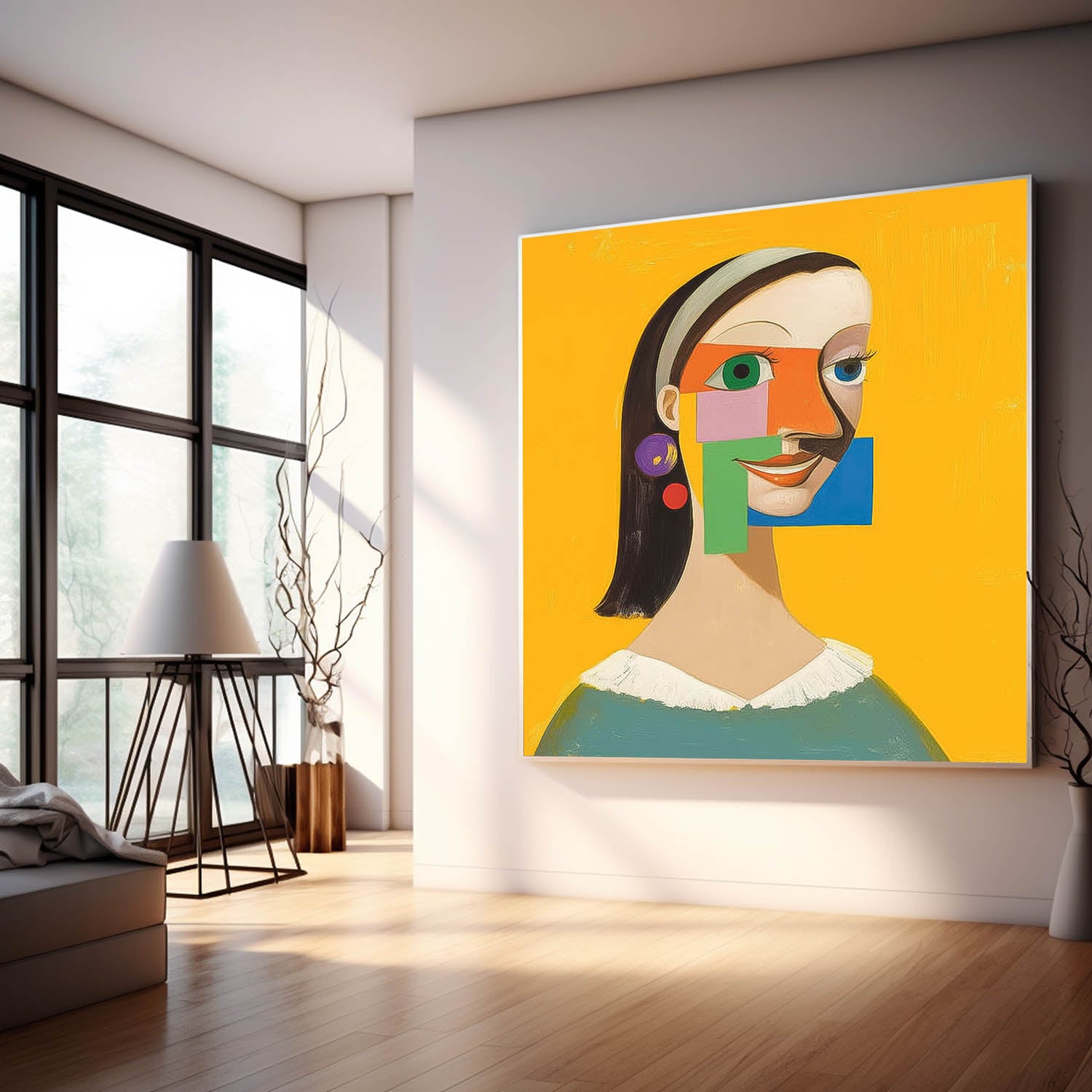 Origina Woman Acrylic Painting Canvas Abstract Geometric Face Lady Wall Art Square Large Girl Artwork