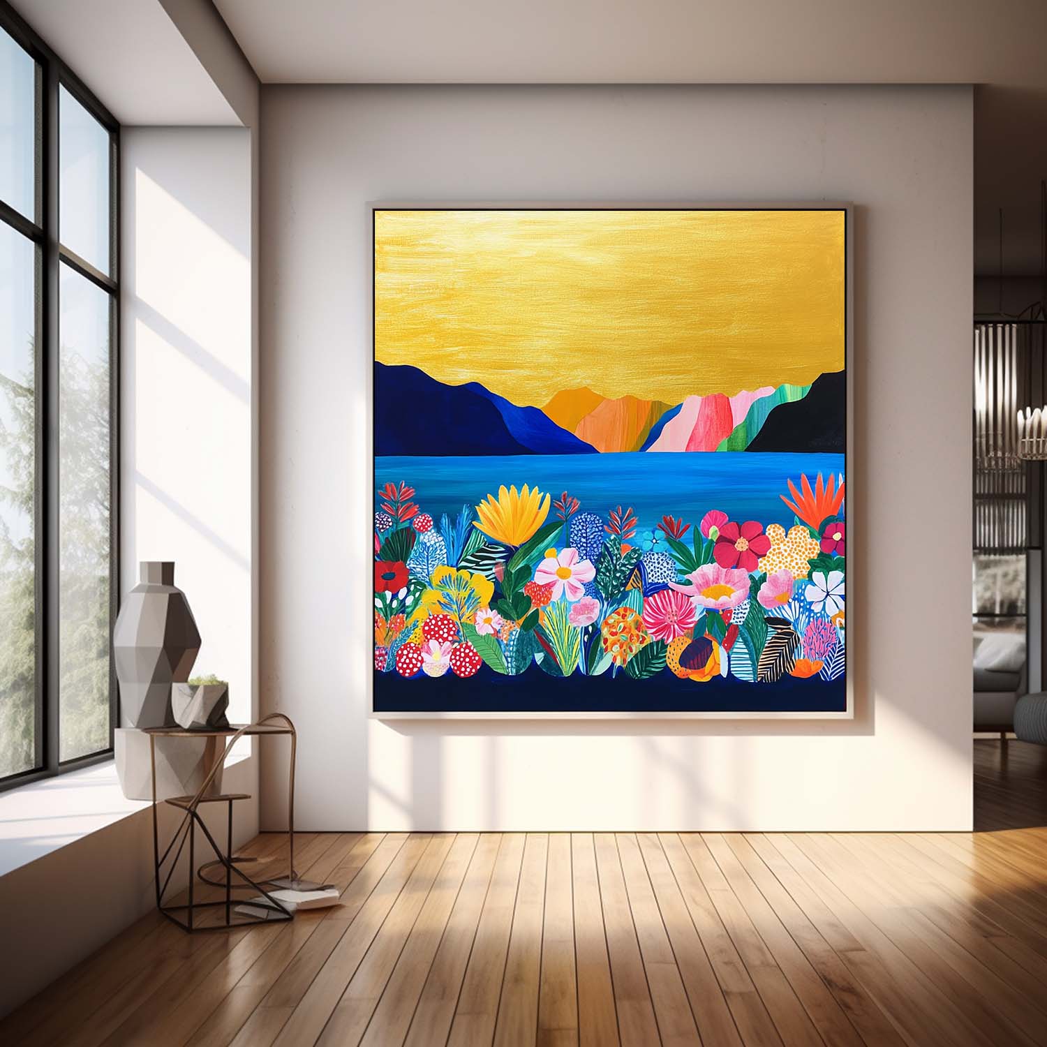 Floral Painting on Canvas Large Illustration style Wall Art Original Flower Bush Botanical Square Artwork
