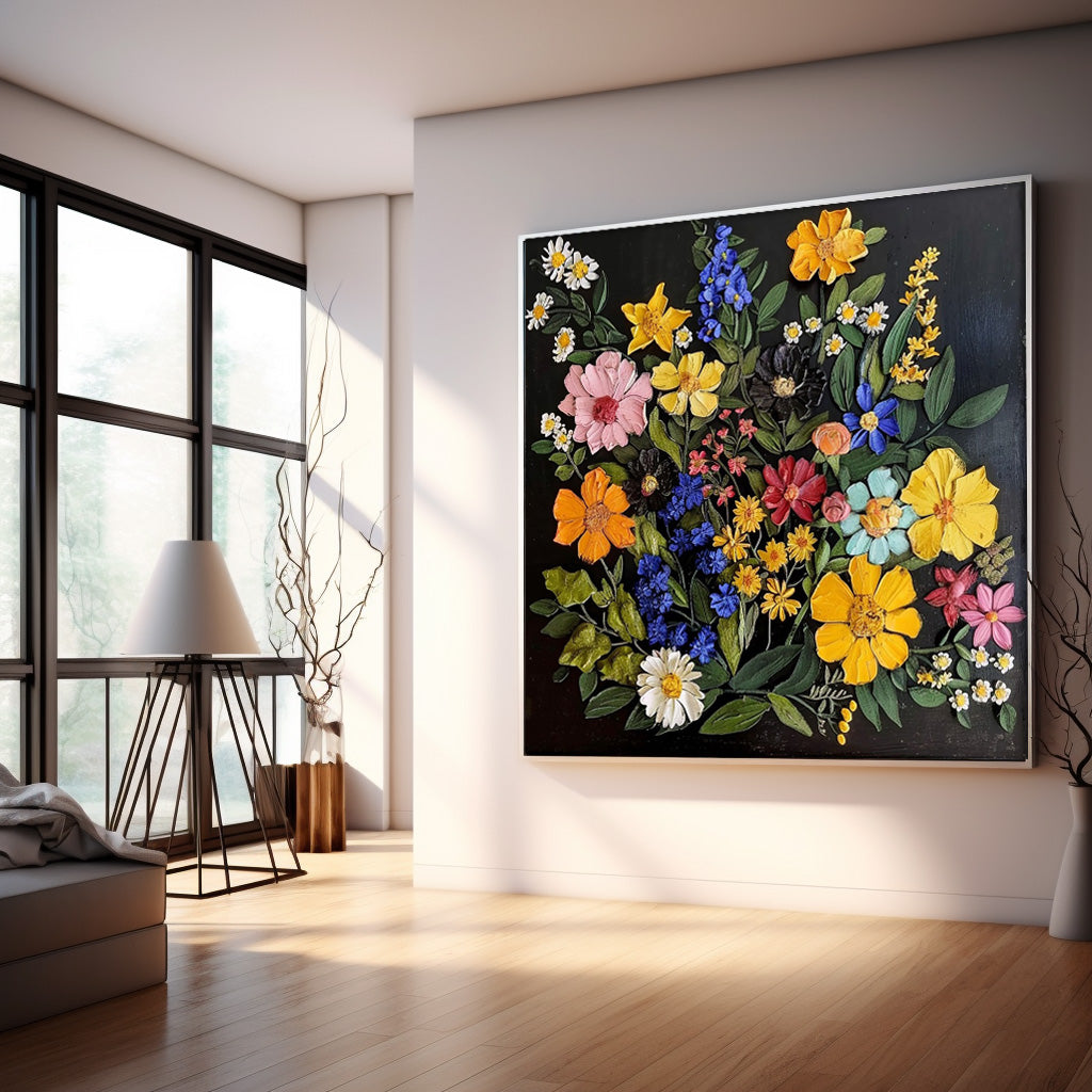 Thick Texture Floral Acrylic Painting Cute Flowers On Black Background Contemporary 3d Wall Art For Sale