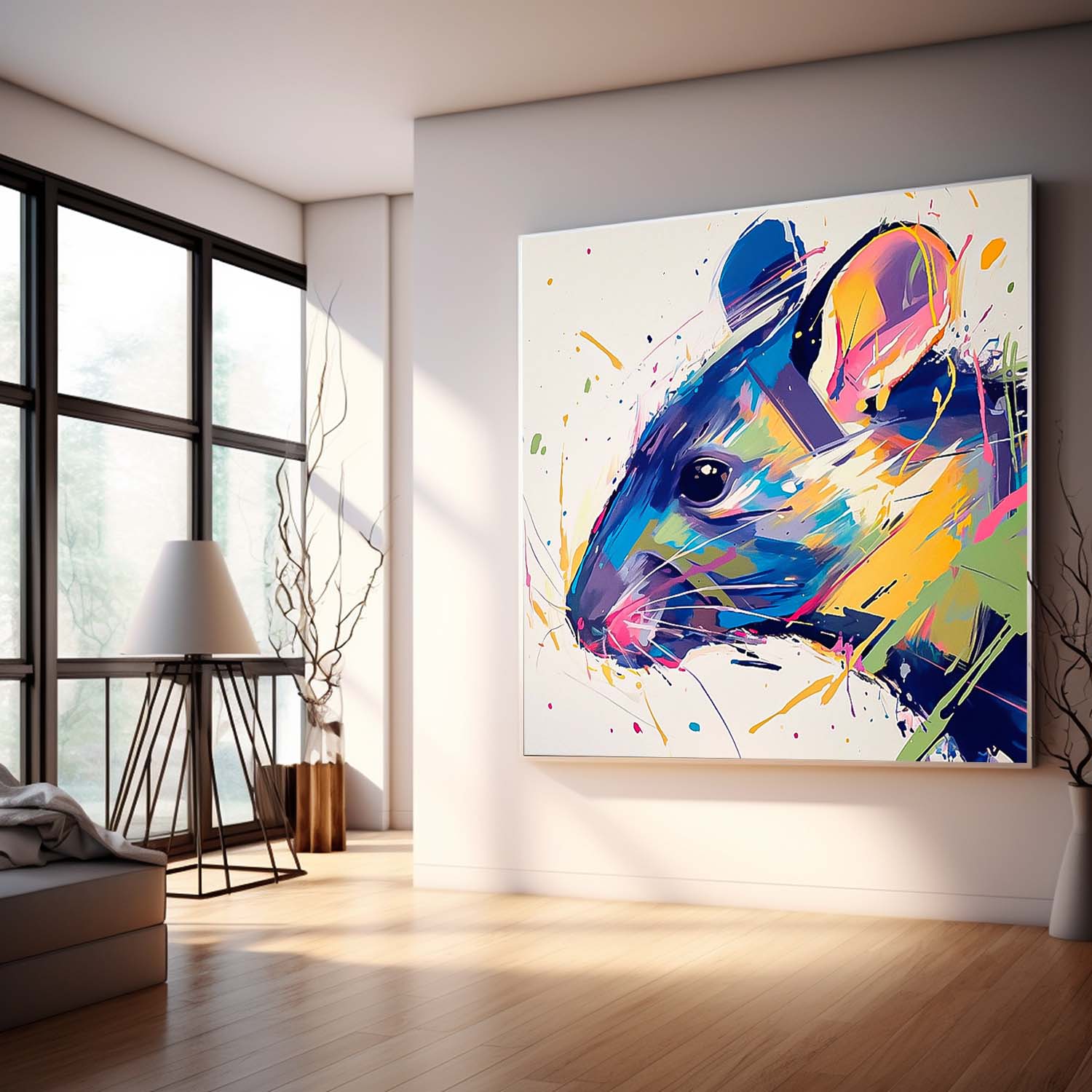 Square Mouse Oil Painting Canvas Large Colorful Animal Artwork Original Lovely Rat Wall Art Home Decor